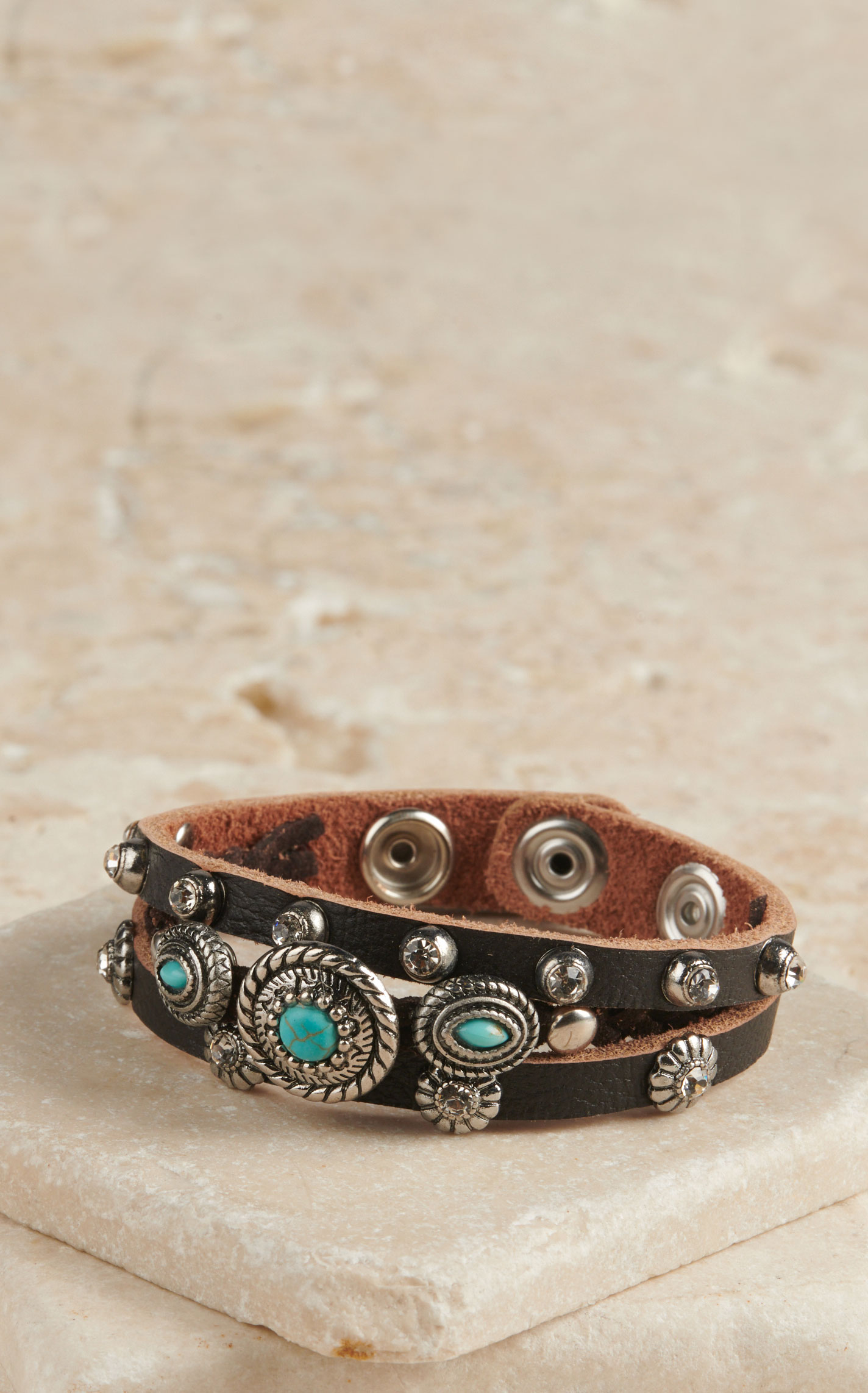 Cowgirl Confetti Leather 3 Split with Silver Turquoise and Crystal Concho Accents Bracelet - Image 1