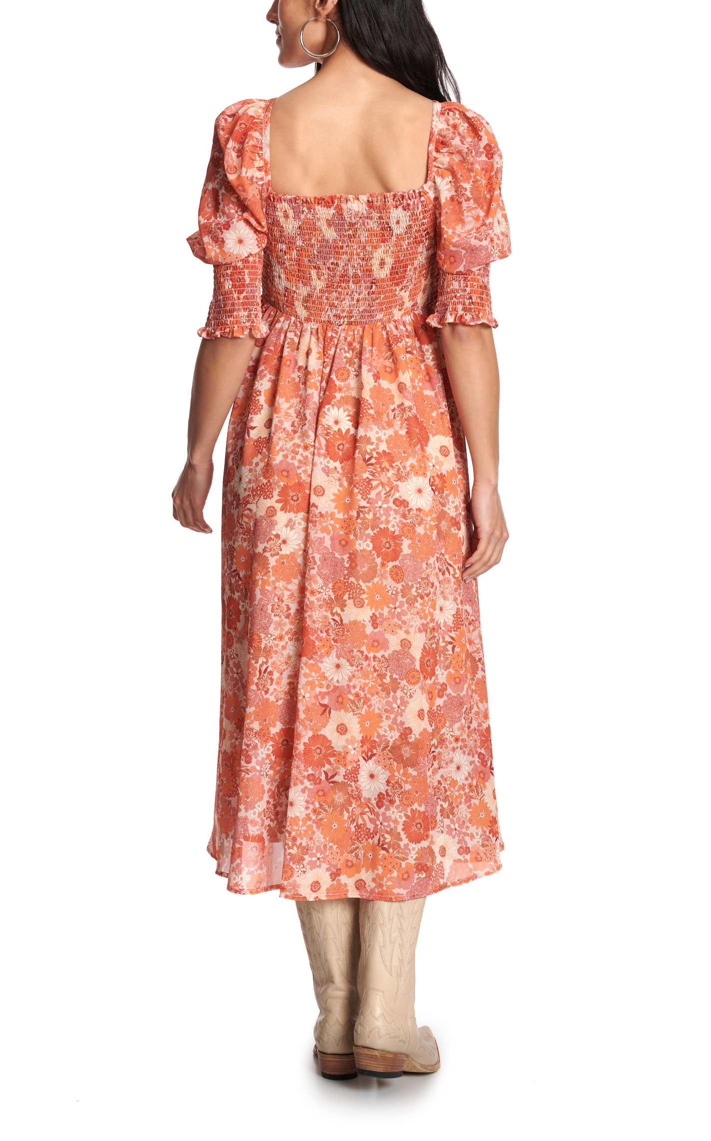Blue B Women’s Orange Floral Puff Sleeve Midi Dress - Image 1