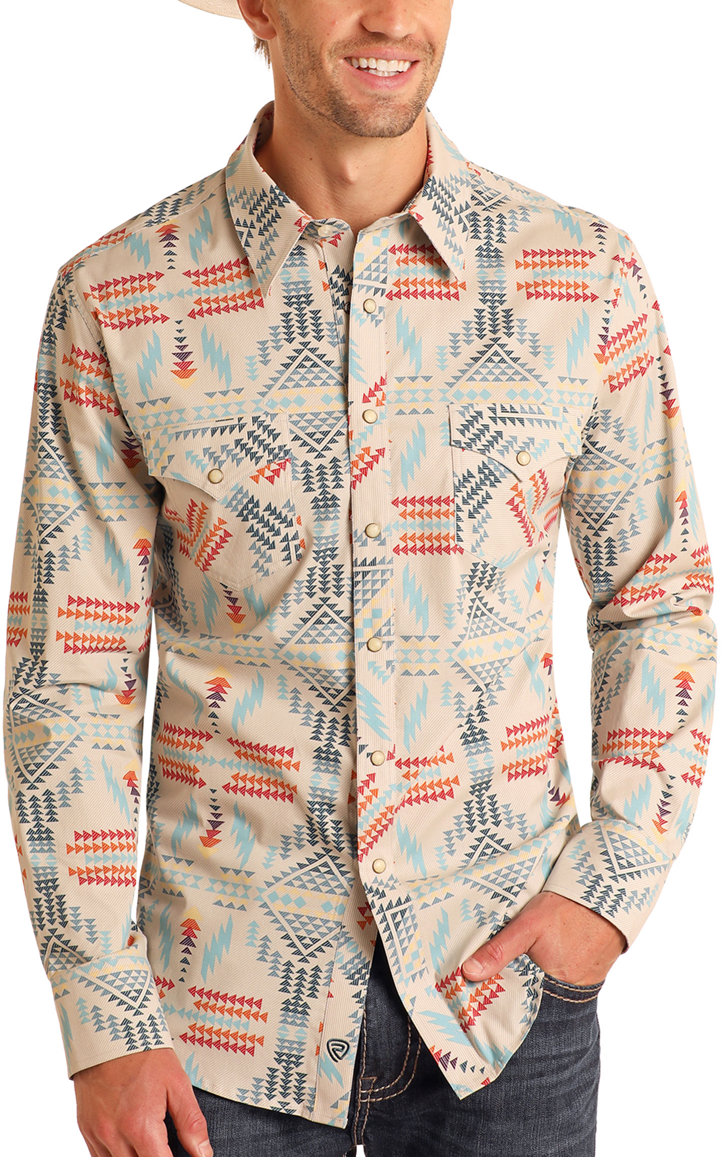 Rock & Roll Denim Men's Latte Blue Sunset Aztec Western Shirt - Image 1