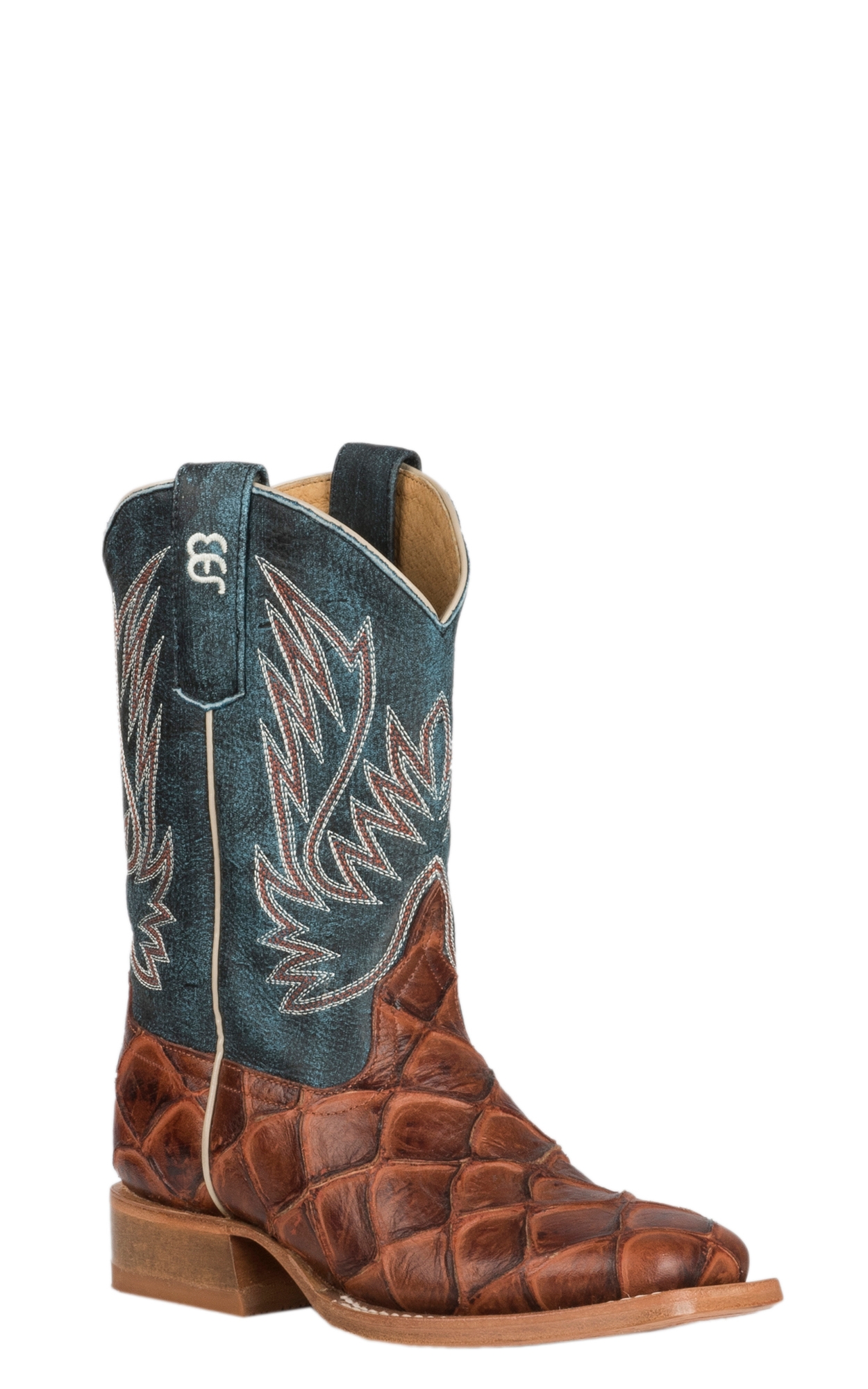 Anderson Bean Youth Horse Power Cognac Fish Print and Green Wide Square Toe Cowboy Boot - Image 1