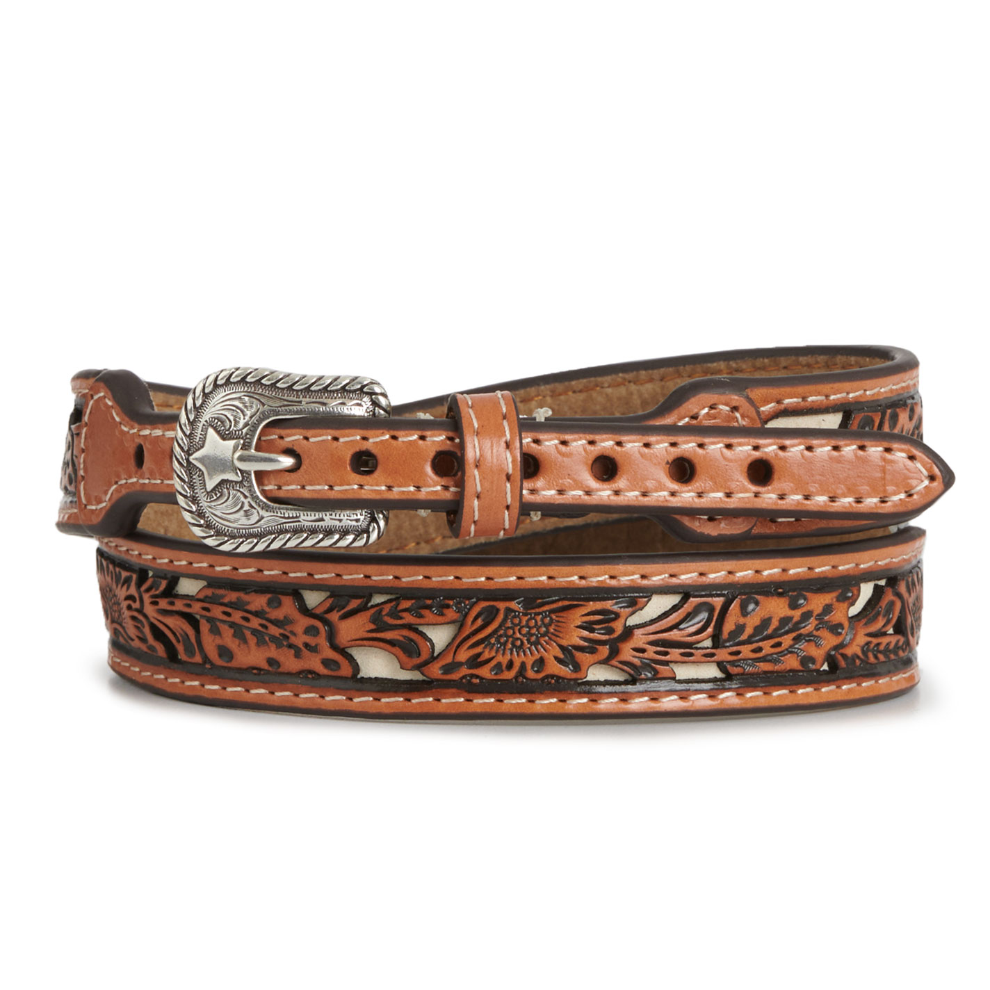 Twister Brown Floral Tooled White Underlay Silver Buckle Hatband - Image 1