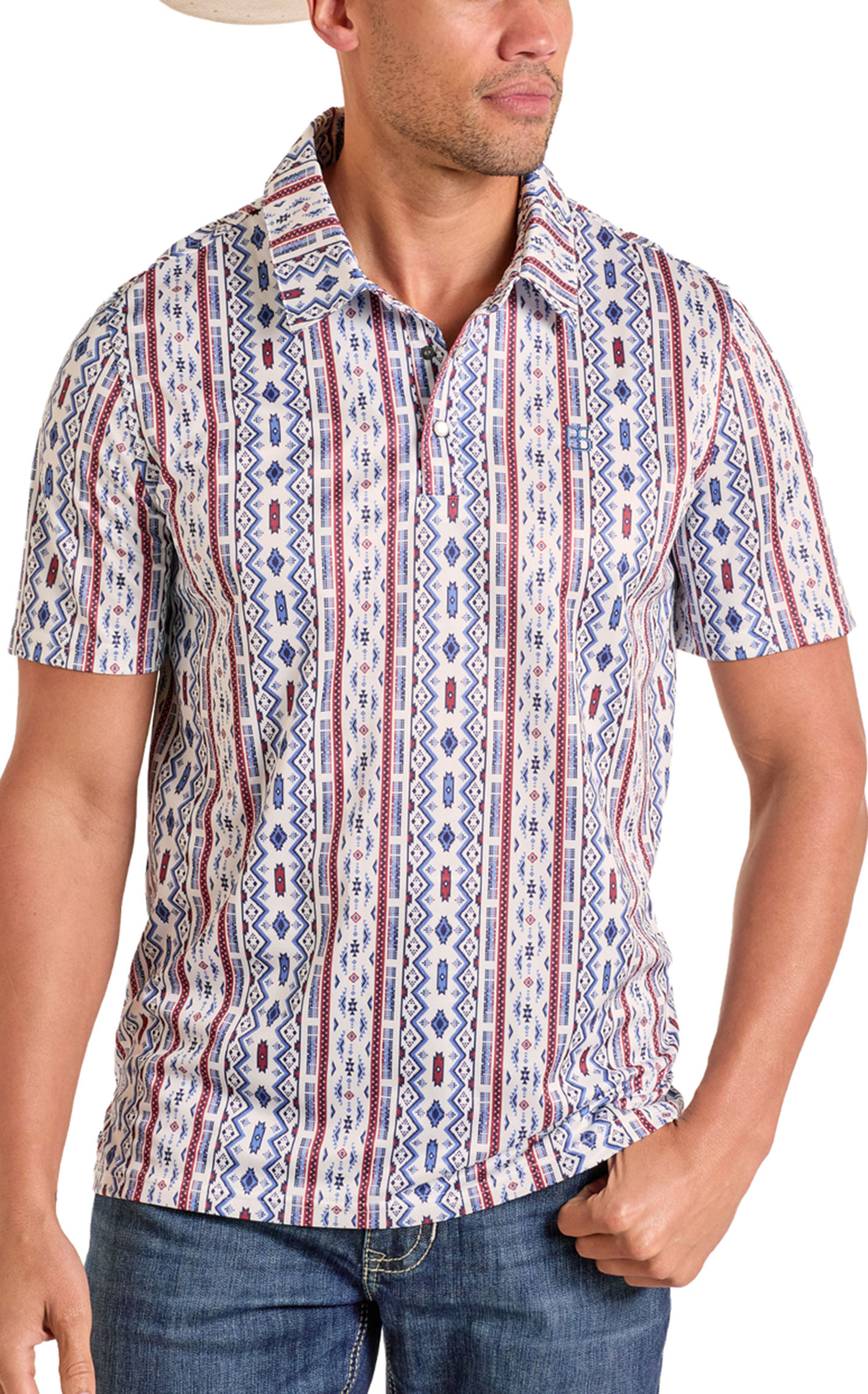 Panhandle Slim Men's Red & Blue Aztec Print Performance Polo Shirt - Image 1