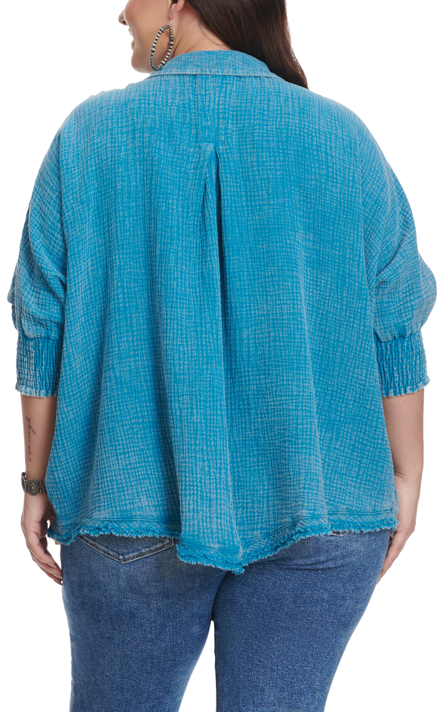Umgee Women's Textured Blue Smocked Sleeve Top - Plus Sizes - Image 1