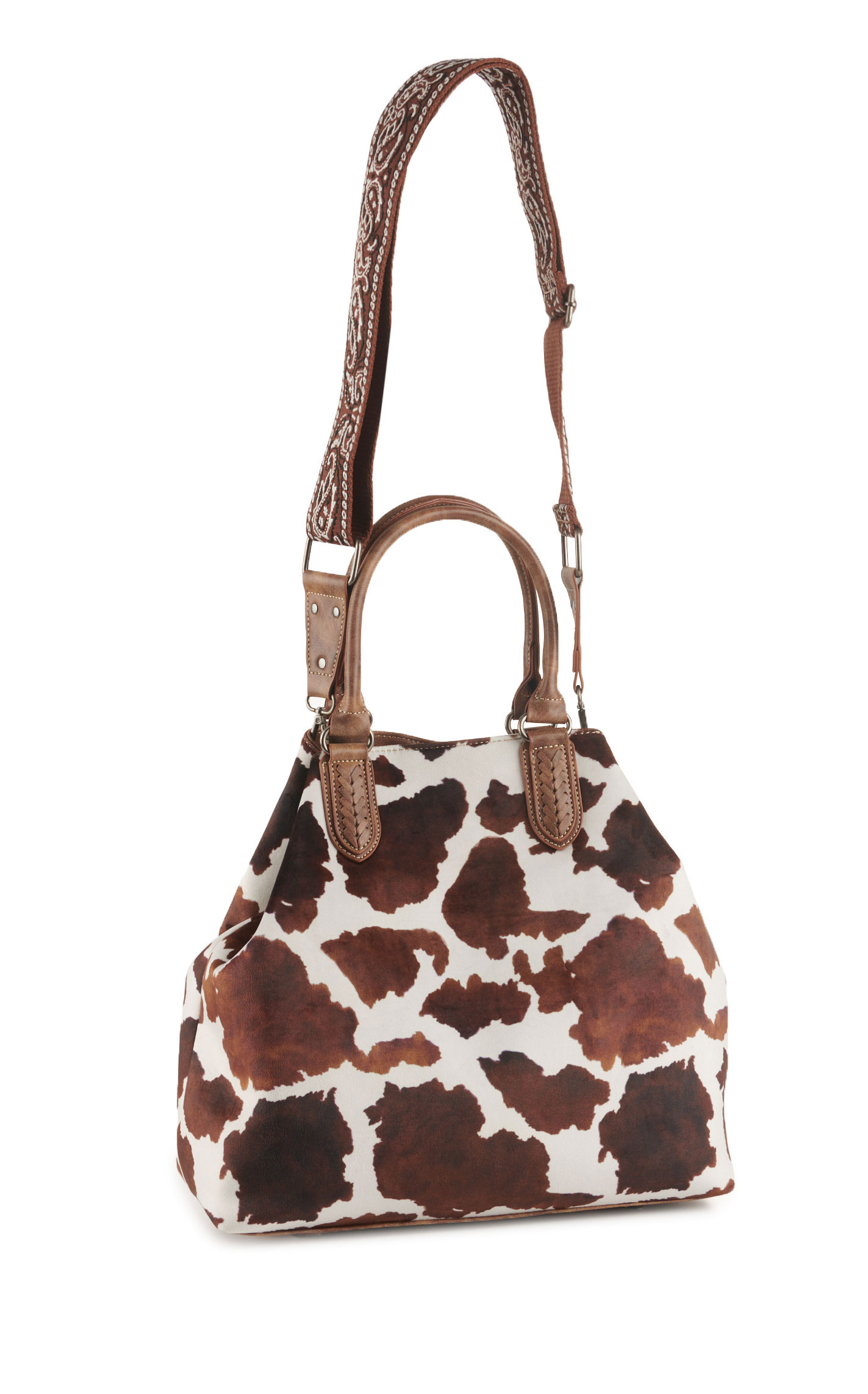 Nocona Women’s Soft Leather Cream & Cinnamon Cow Print Conceal Carry Satchel Bag  - Image 1