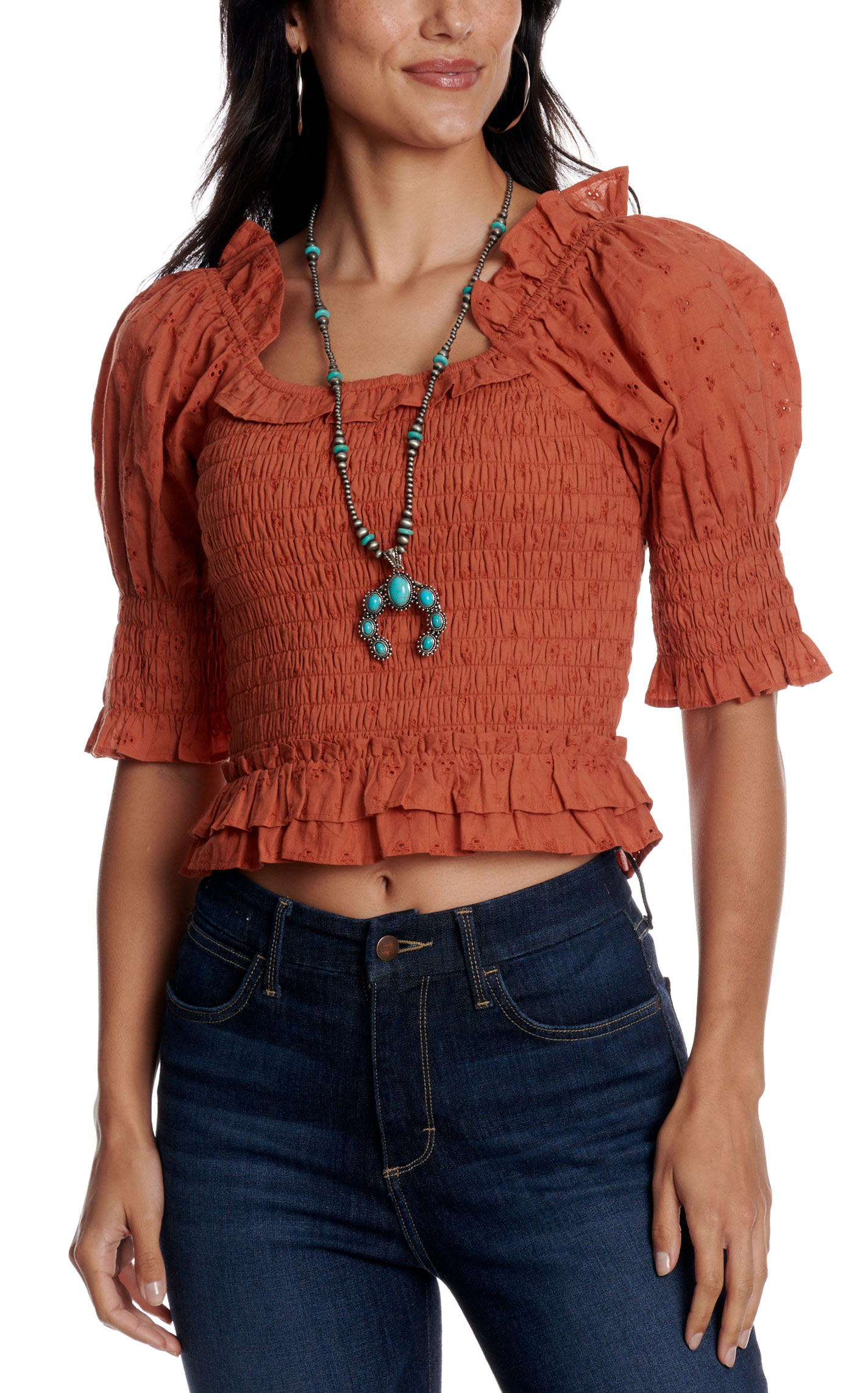 Rockin' C Women's Rust Smocked Eyelet Crop Top - Image 1