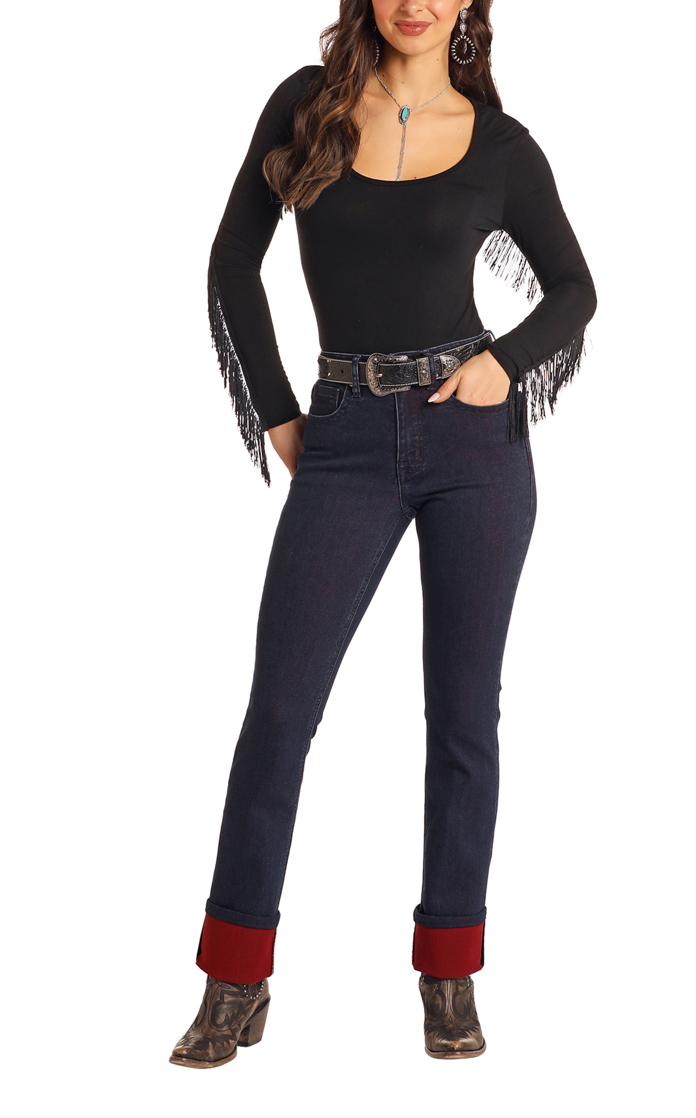 Rock & Roll Denim Women's Dark Wash Red Contrast Cuff Boot Cut Jeans - Image 1