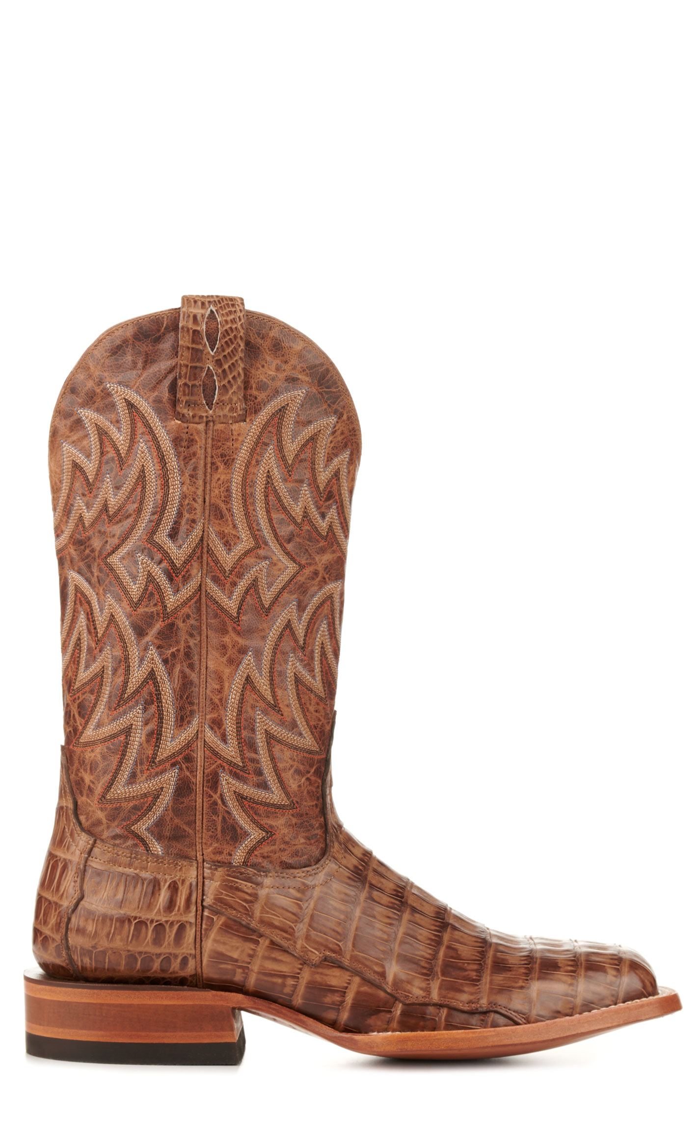 Cavender's Men's Orix Brown and Chestnut Caiman Belly Wide Square Toe Exotic Cowboy Boots - Image 1