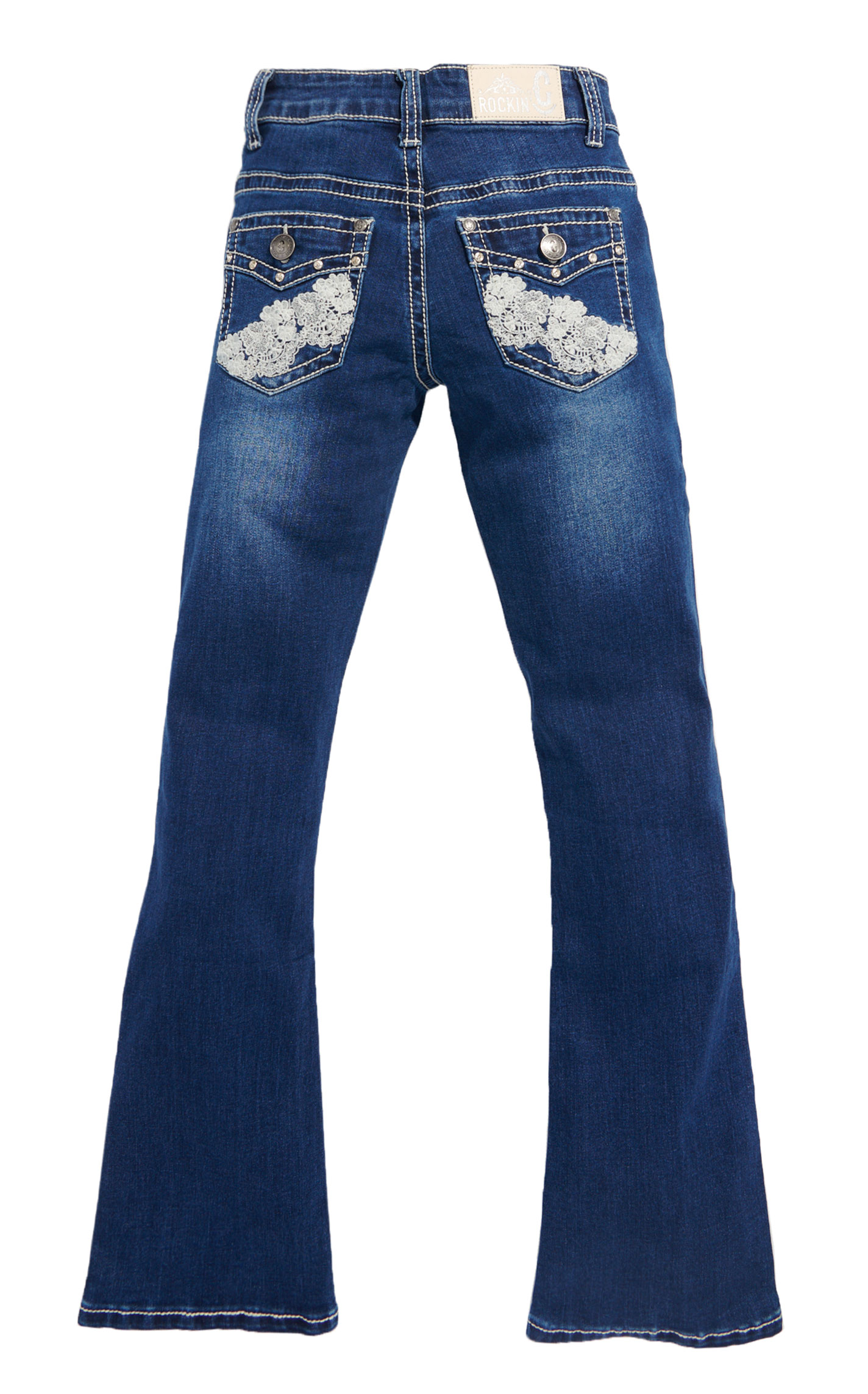 Rockin' C Girl's Medium Wash Floral Lace Pocket Bootcut Jeans - Image 1