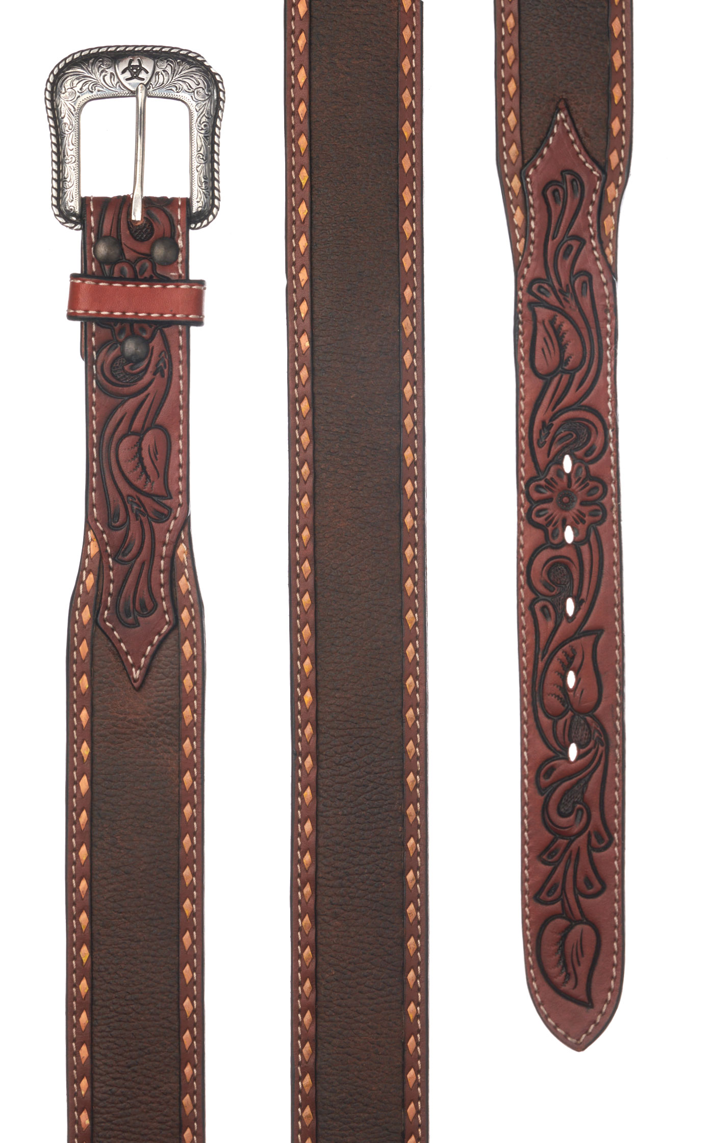 Ariat Men's Brown Tooled Floral Scrolling on Tabs Textured Western Belt - Image 1