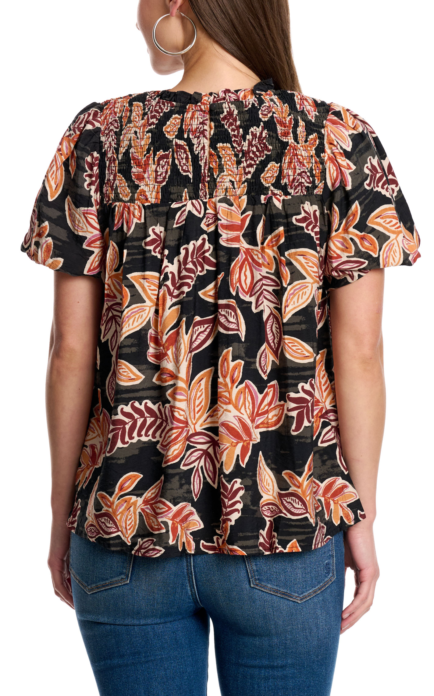 TCEC Women's Black & Sunset Floral Smocked Top - Image 1