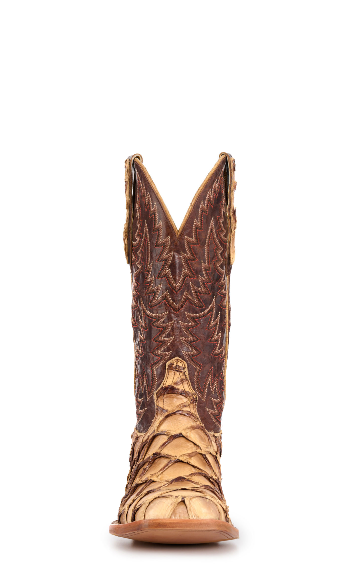Cavender’s Men’s Brass and Caramel Pirarucu Wide Square Toe Exotic Cowboy Boots - Image 1