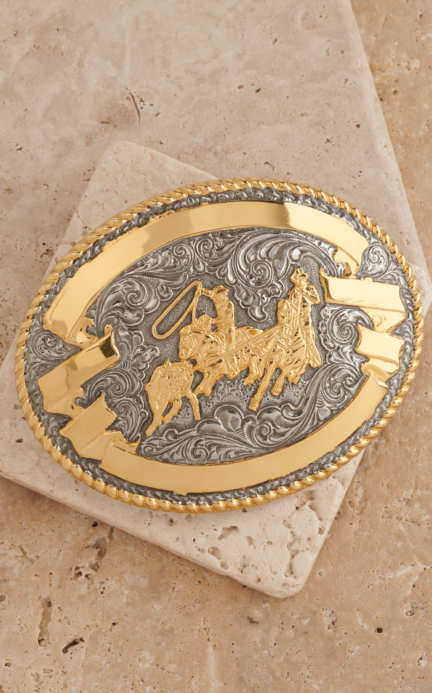M & F Western Silver with Gold Team Roper Gold Rope Edge Antiqued Belt Buckle - Image 1