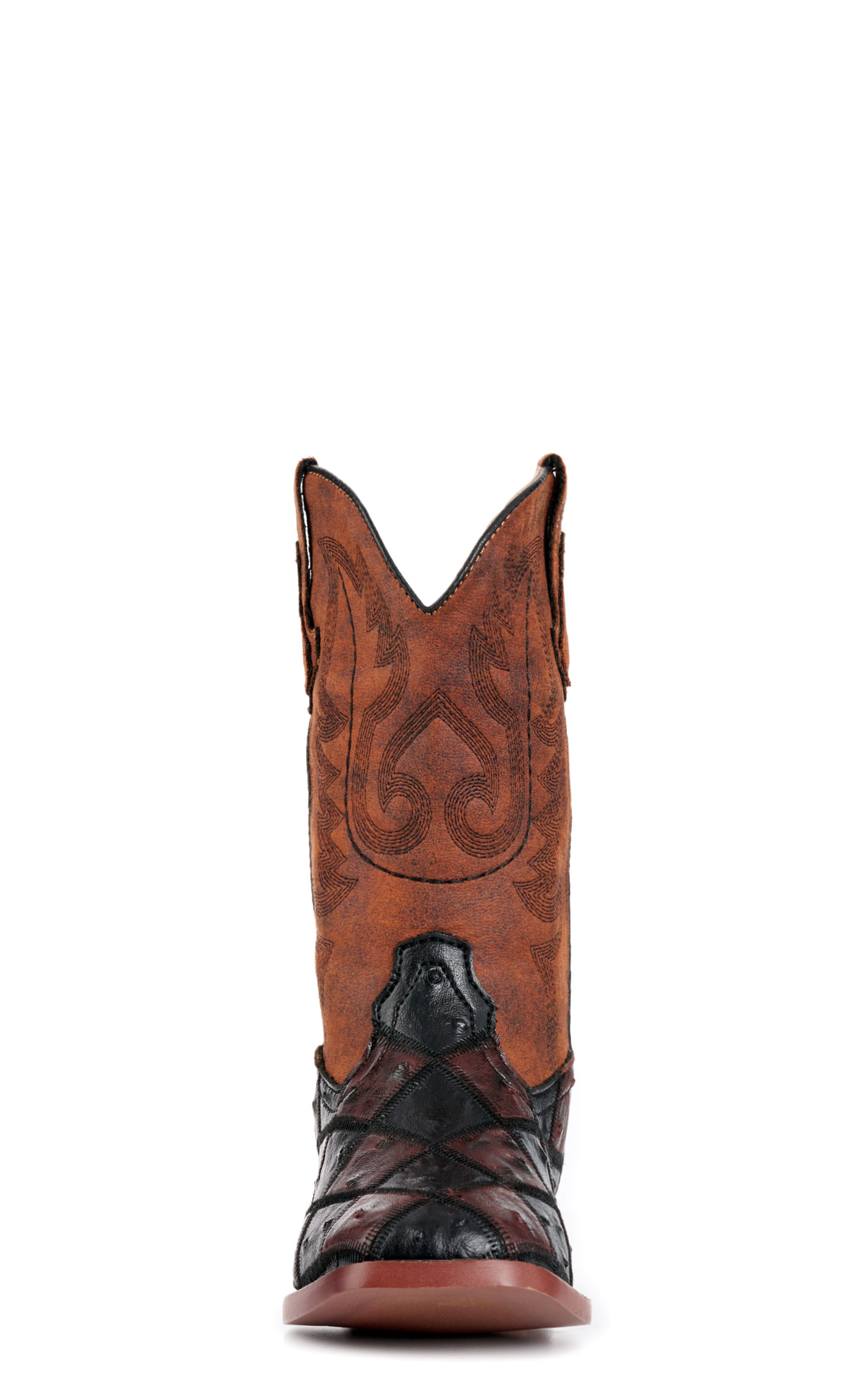 Roper Bird Blocks Kid's Burgundy & Black Faux Ostrich Cowboy Boots - Image 1
