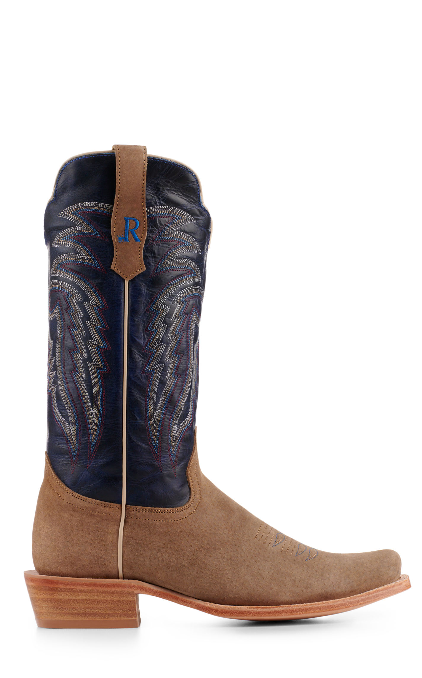 R. Watson Men's Cafe Brown Boar and Blue Punchy Square Toe Cowboy Boots - Image 1