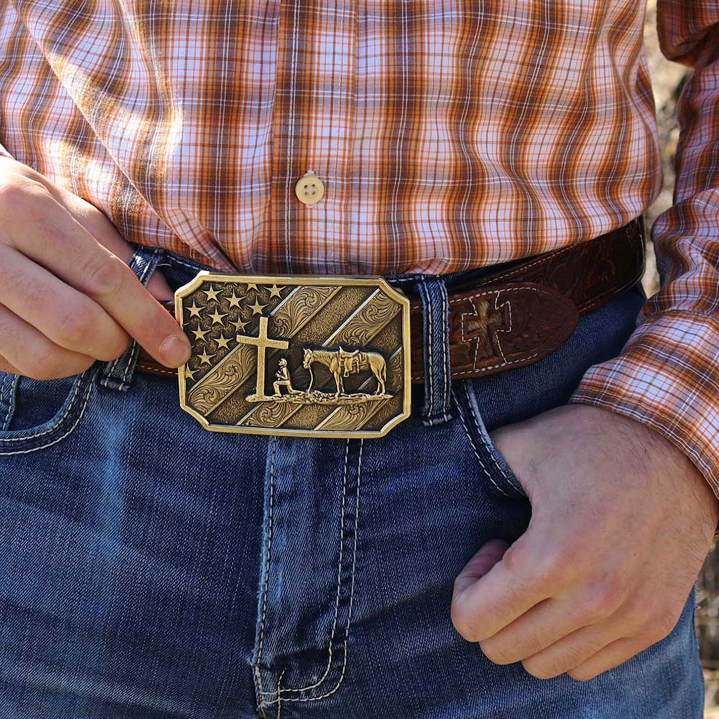 Montana Silversmiths Men's Brass Plate Patriot Christian Cowboy Attitude Belt Buckle - Image 1