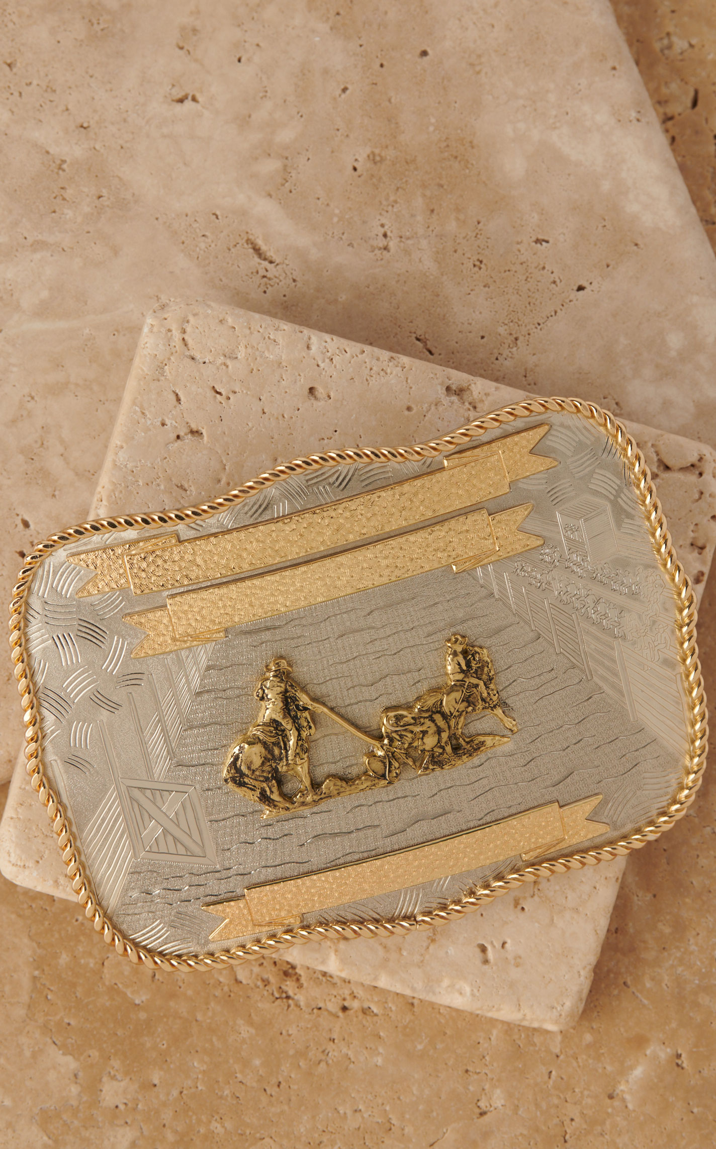 Montana Silversmiths Silver Etched Area Golden Roping Team Belt Buckle - Image 1