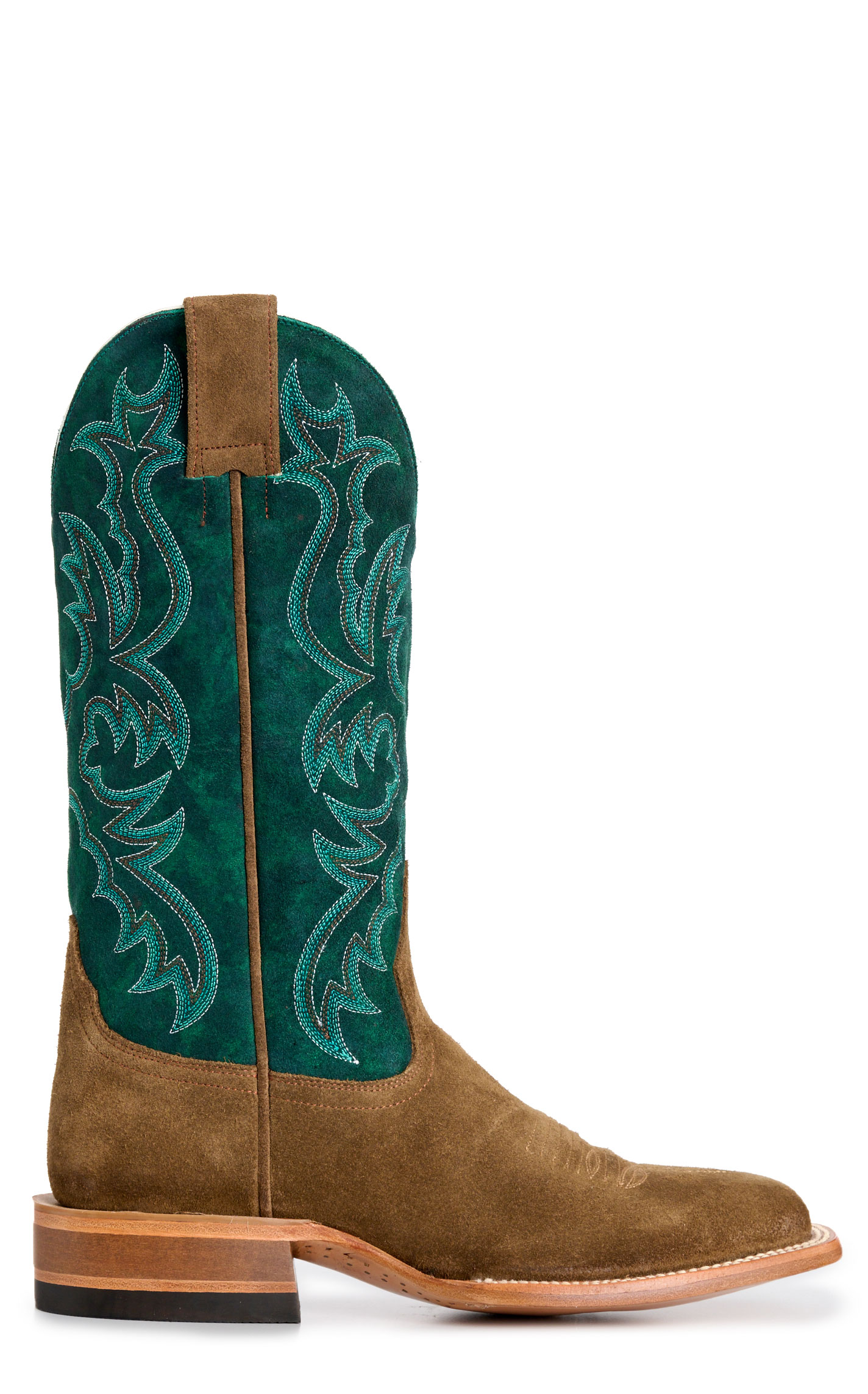 Cavender’s Women’s Moss Brown Suede & Emerald Wide Square Toe Cowboy Boots - Image 1