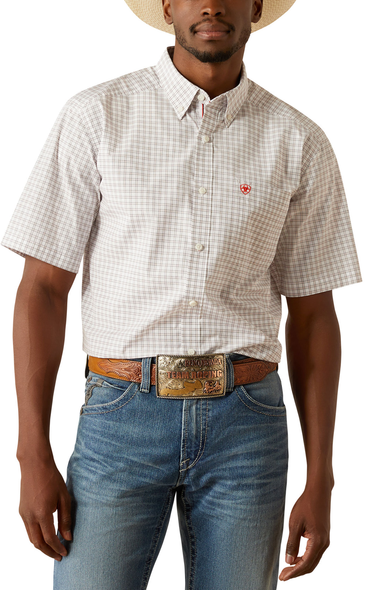 Ariat Pro Series Men's Woody White & Red Plaid Western Shirt - Image 1