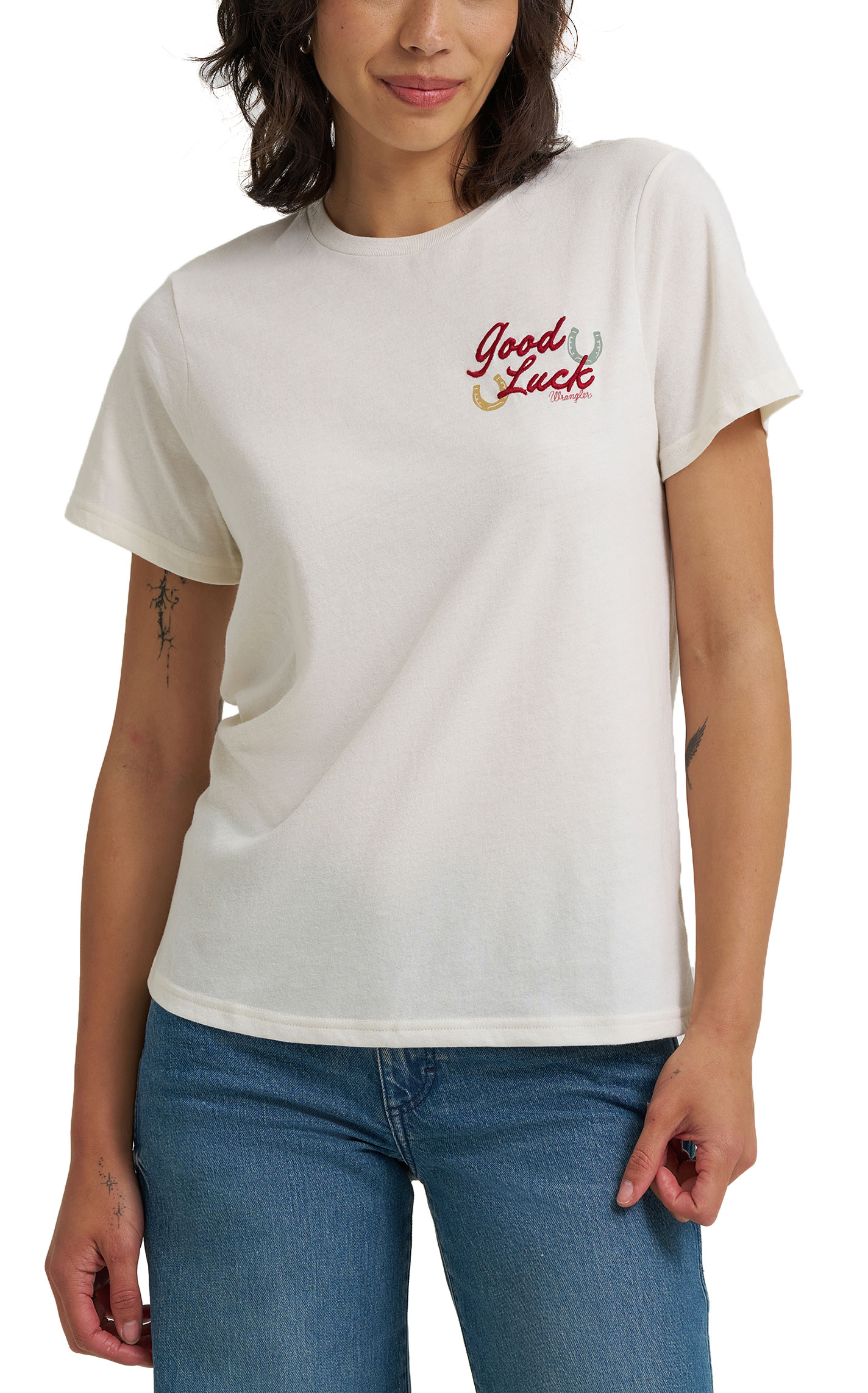 Wrangler Retro Women's White Good Luck Logo T-Shirt - Image 2