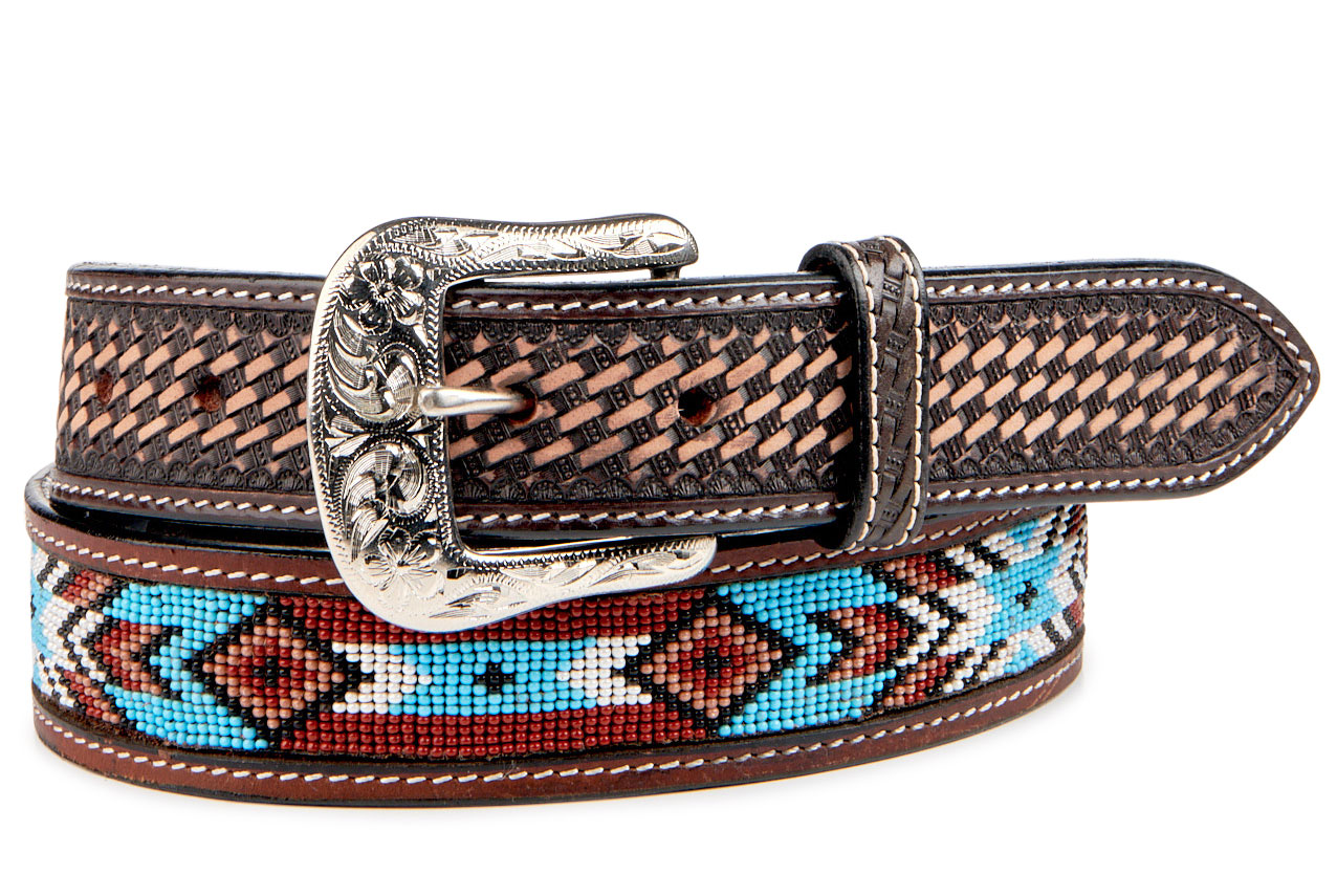 Ranger Belt Company Men's Brown with Blue Beaded Aztec Pattern Western Belt - Cavender's Exclusive - Image 1