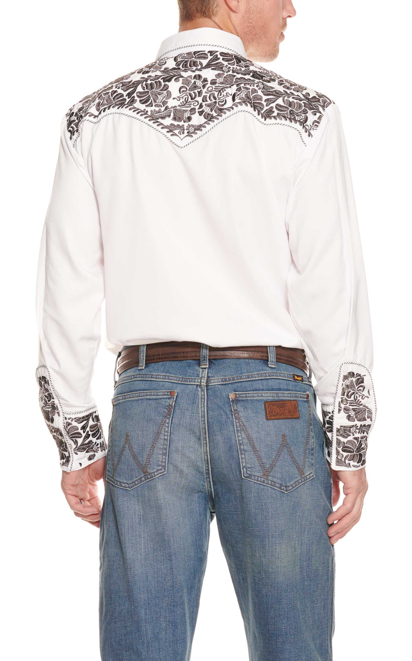 Scully Men's Legends Gunfighter White With Pewter Floral Embroidery Long Sleeve Western Shirt - Image 1