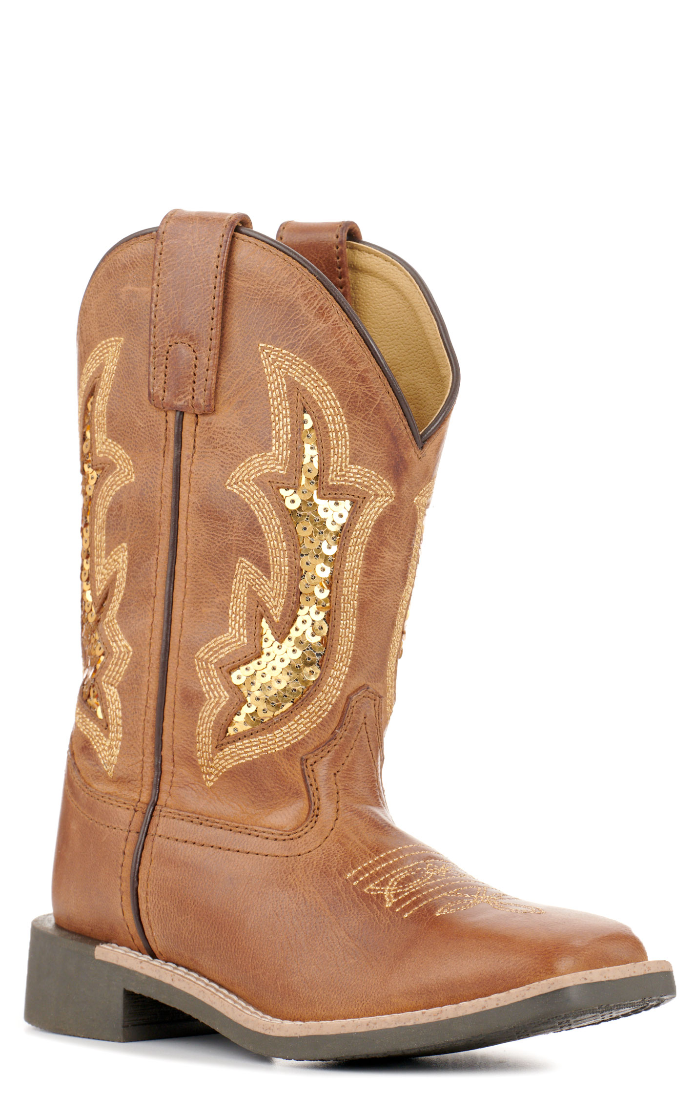 Smoky Mountain Kid’s Nevada Brown with Gold Sequins Wide Square Toe Cowboy Boots - Image 1