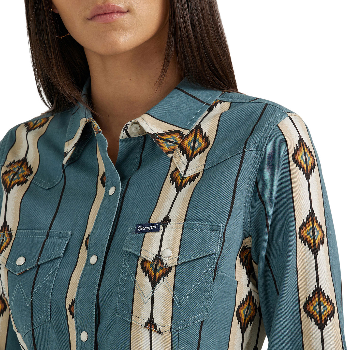 Wrangler Retro Women's Stone Blue & Cream Aztec Western Shirt - Image 1