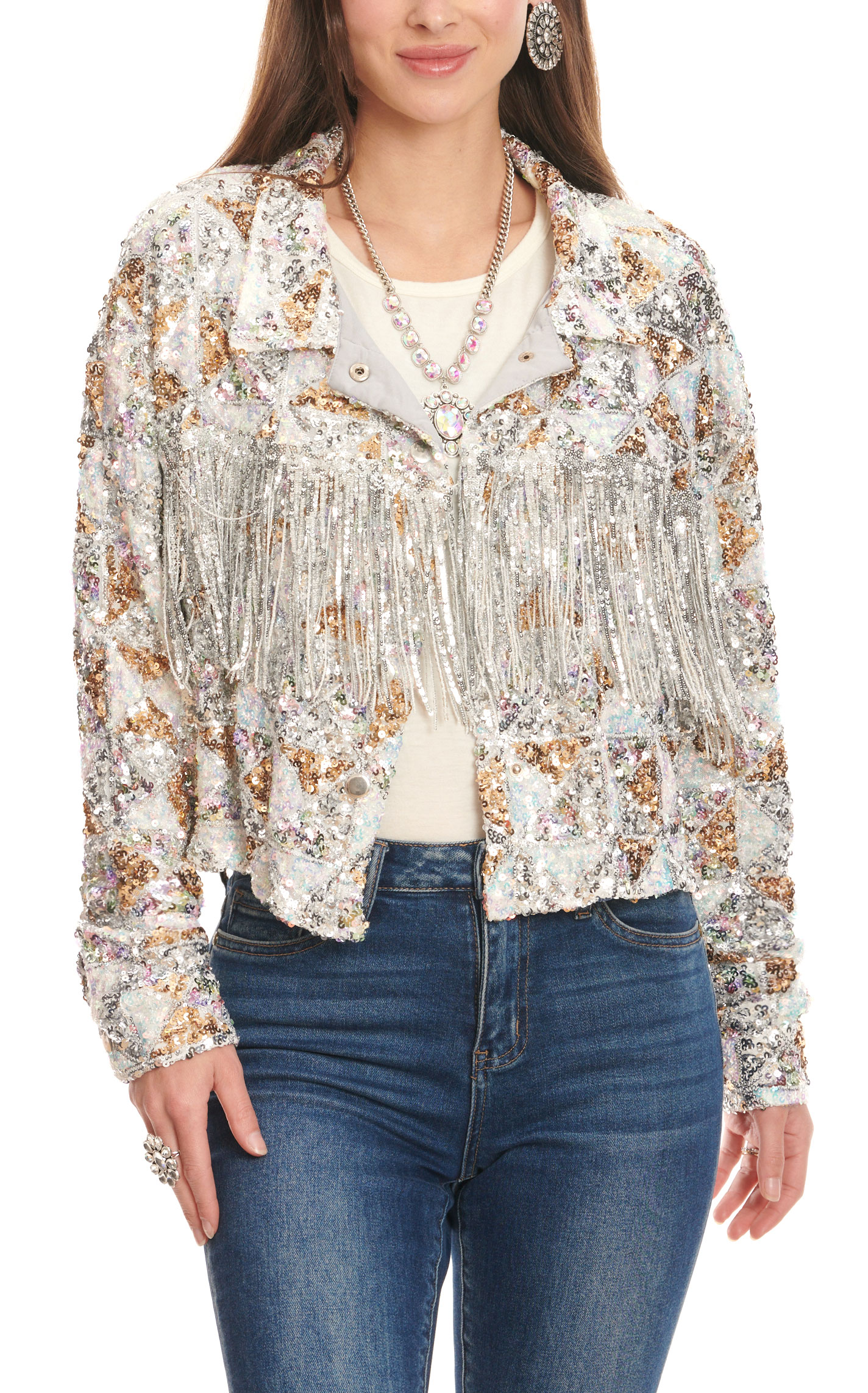 Rockin' C Women's Silver and Gold Sequin Fringe Jacket - Image 1