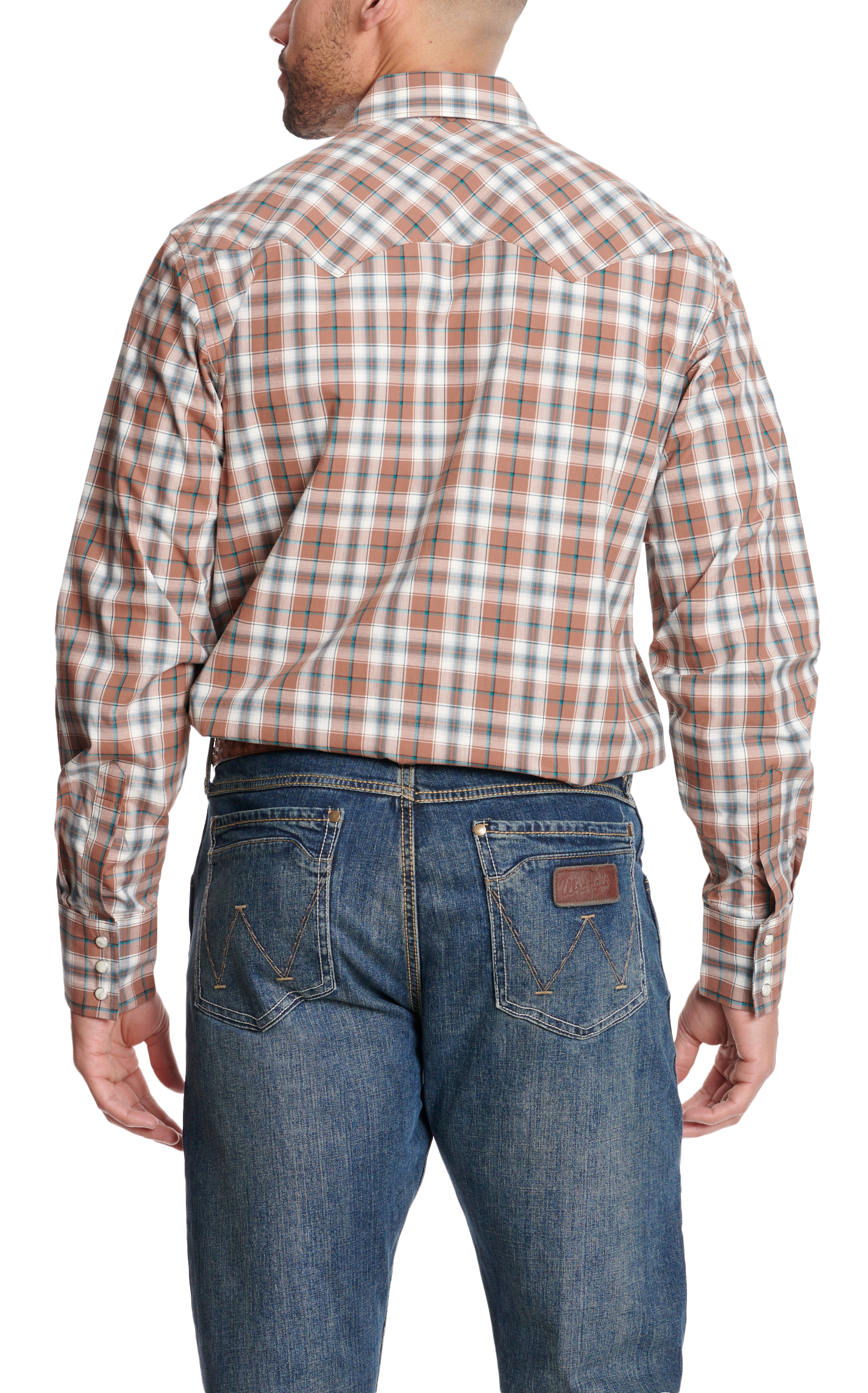 Wrangler Retro Men's Cream Cinnamon & Teal Plaid Western Shirt - Image 1