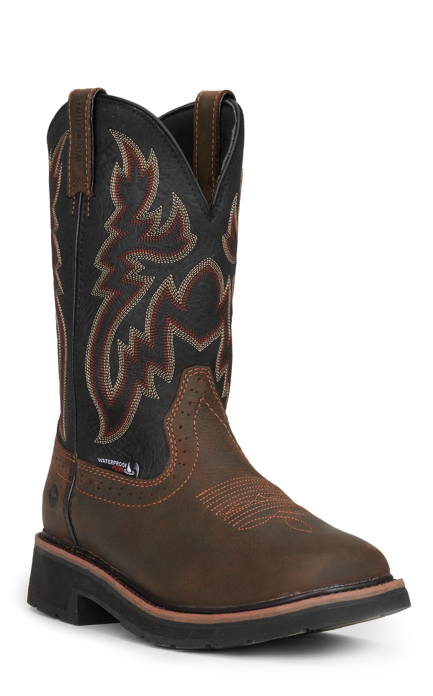 Wolverine Men's Rancher Dark Brown and Black Waterproof Wide Square Toe Wellington Work Boots - Image 1