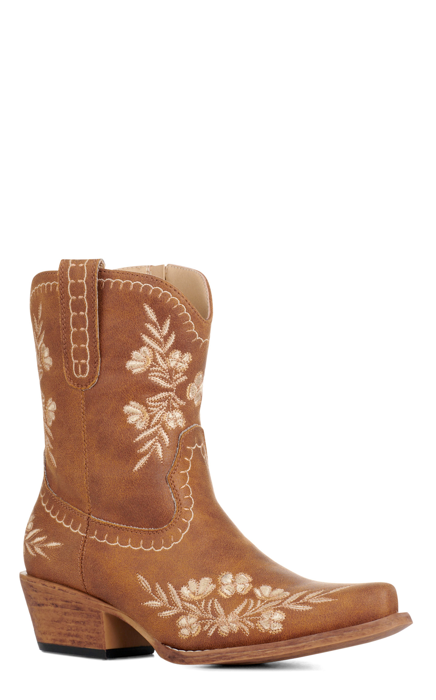 Roper Women's Tan Faux Leather Floral Embroidered Snip Toe Cowboy Boots - Image 1