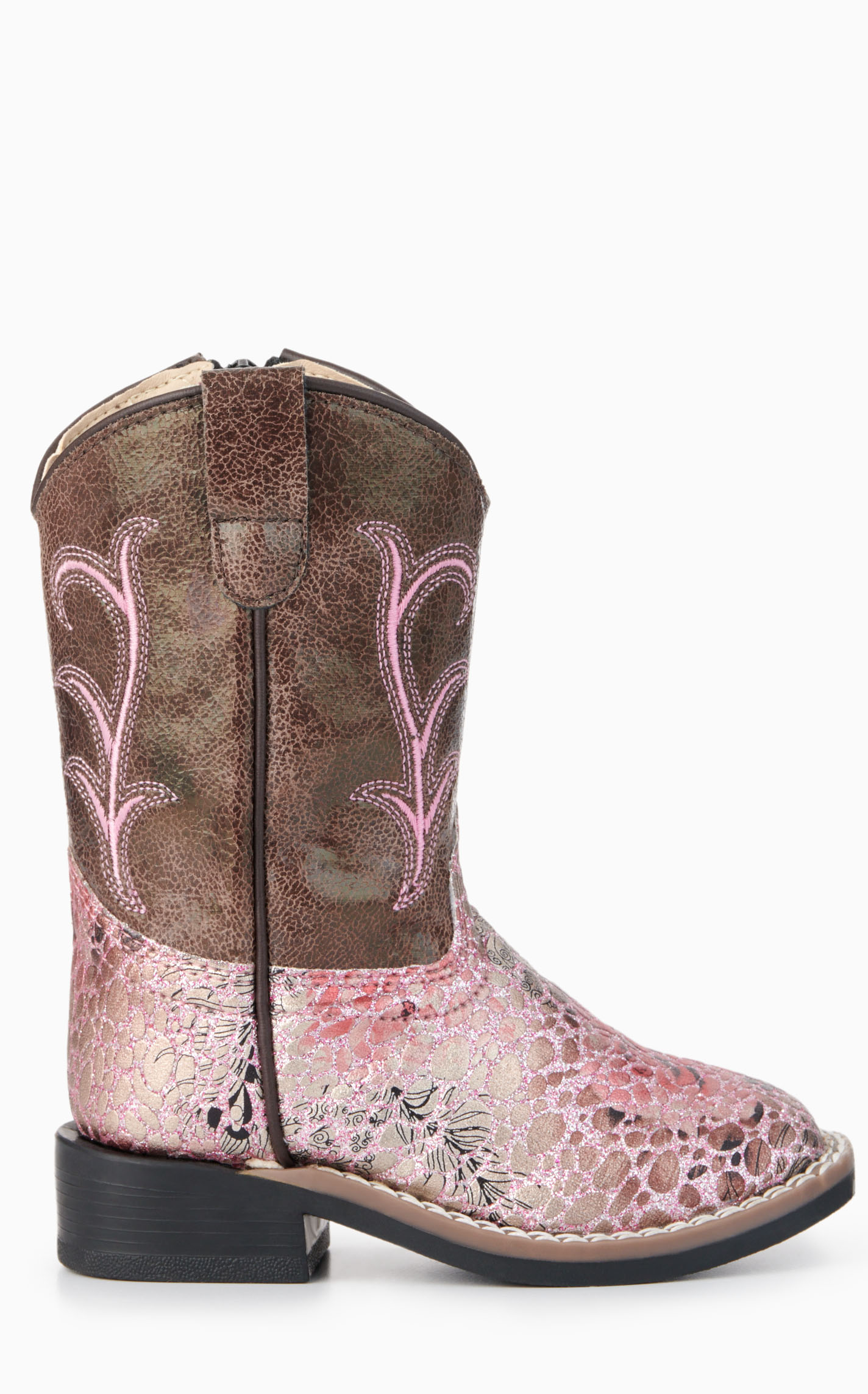 Old West Toddler Brown and Crackle Antique Pink Square Toe Cowboy Boots - Image 1