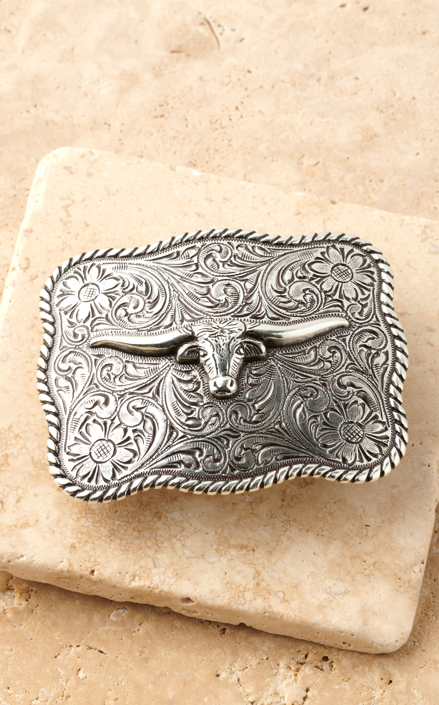 AndWest Kid's Etched Silver Scrolling Floral Longhorn Scalloped Belt Buckle - Image 1