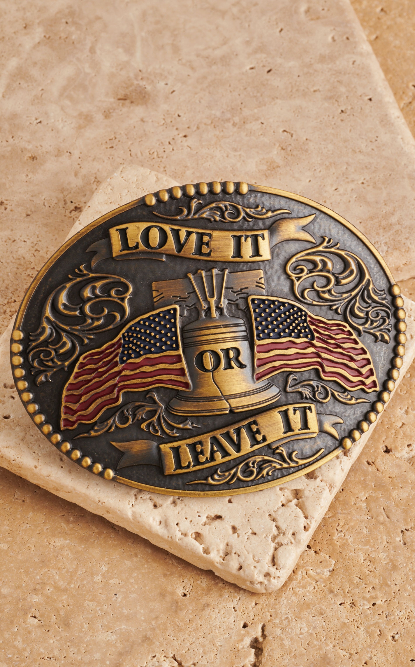 AndWest Antique Brass Love It Or Leave It Patriotic Belt Buckle - Image 1