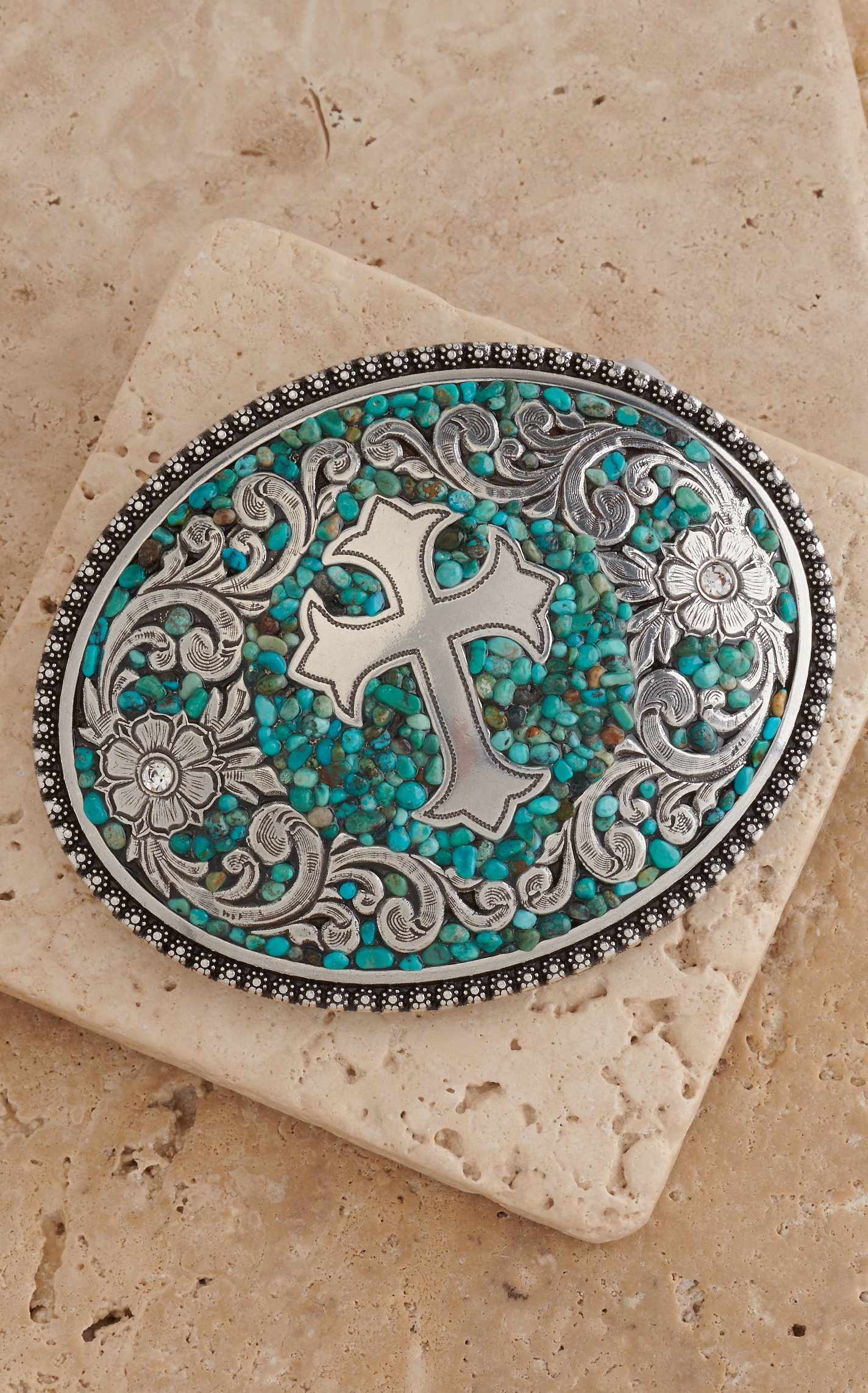 Nocona Turquoise Stones with Silver Cross & Flowers Western Belt Buckle - Image 1