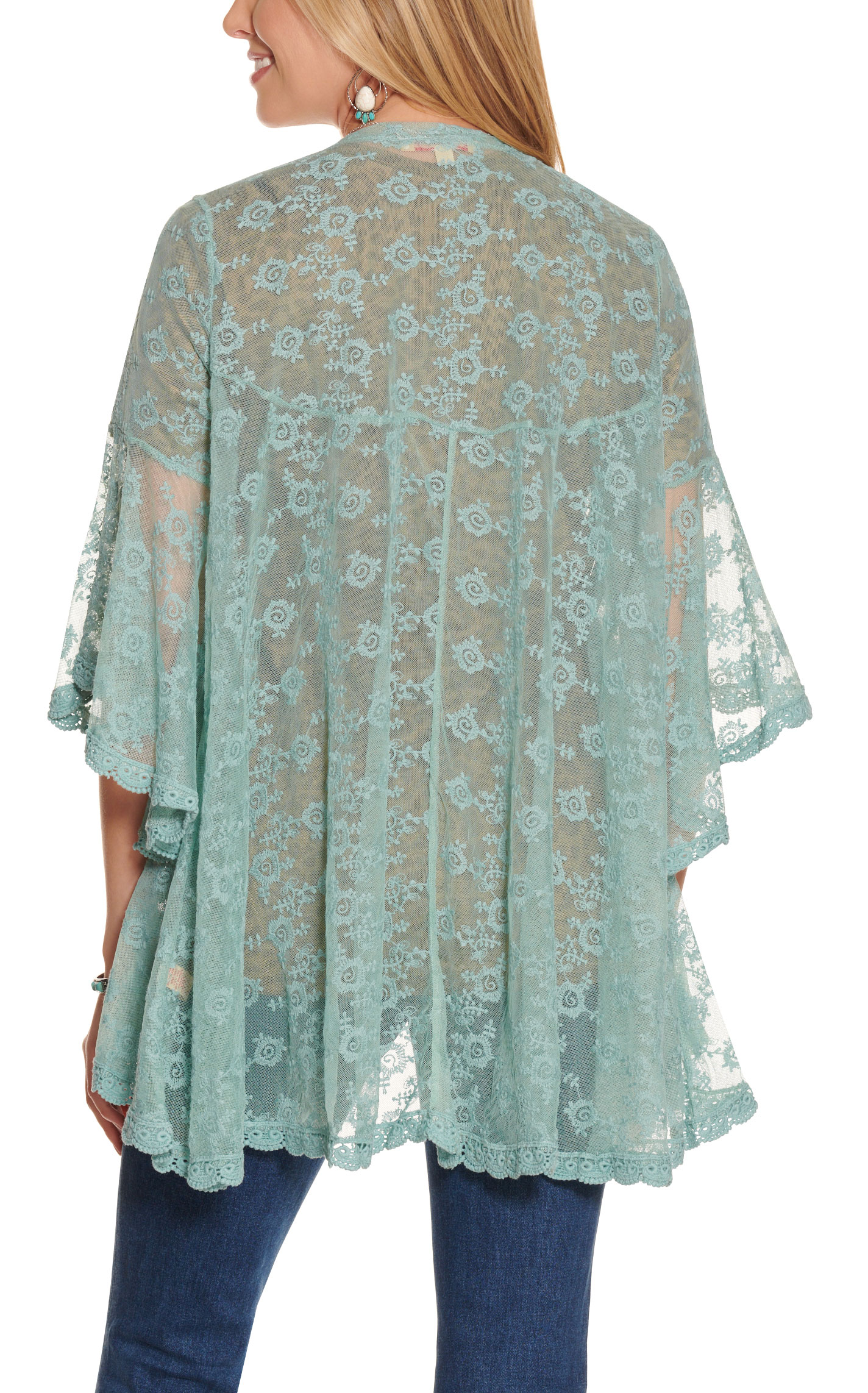Magnolia Lane Women's Blue Sage Lace Bell Sleeve Kimono - Image 1