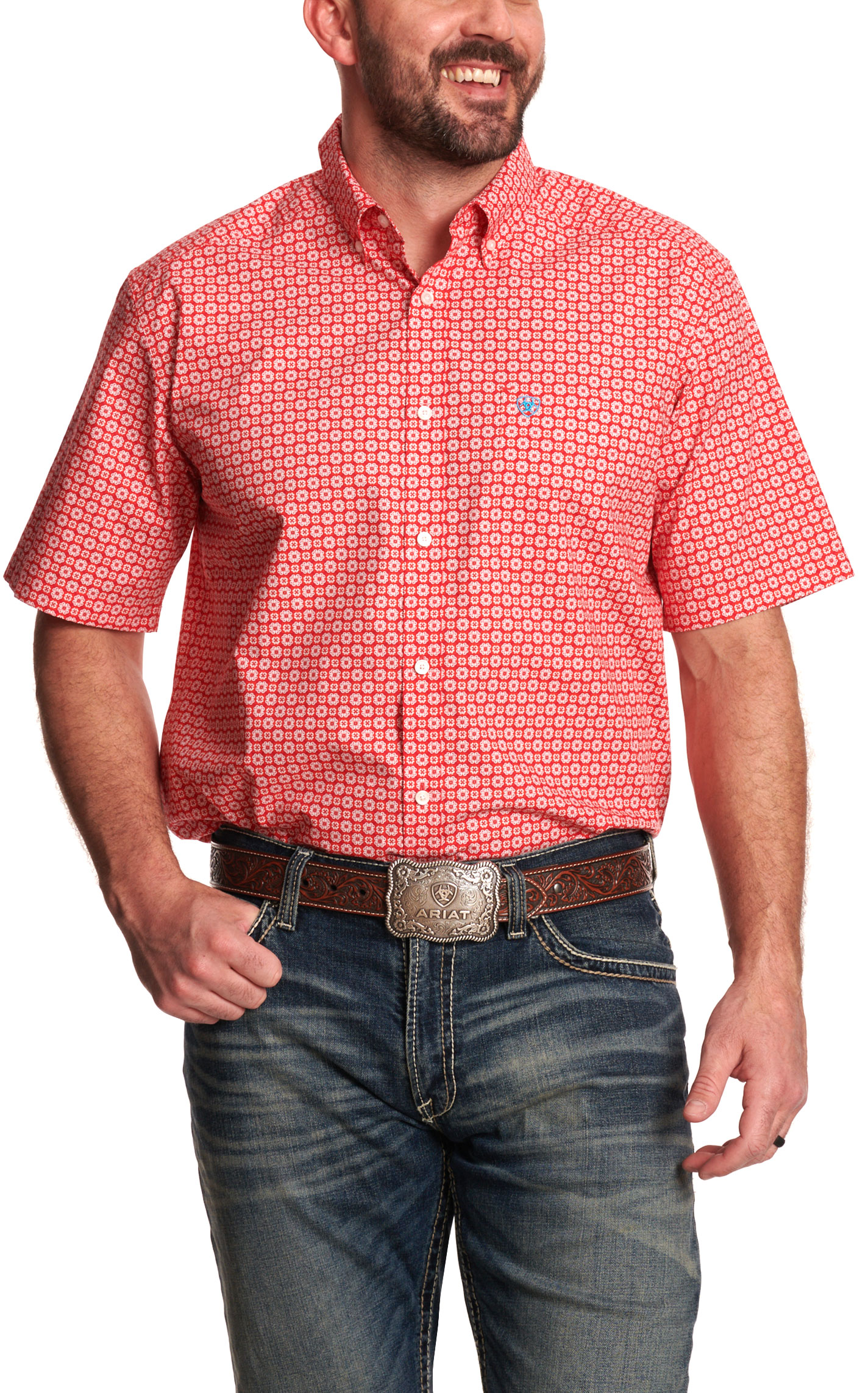 Ariat Men's Red & White Floral Geo Print Western Shirt - Image 1