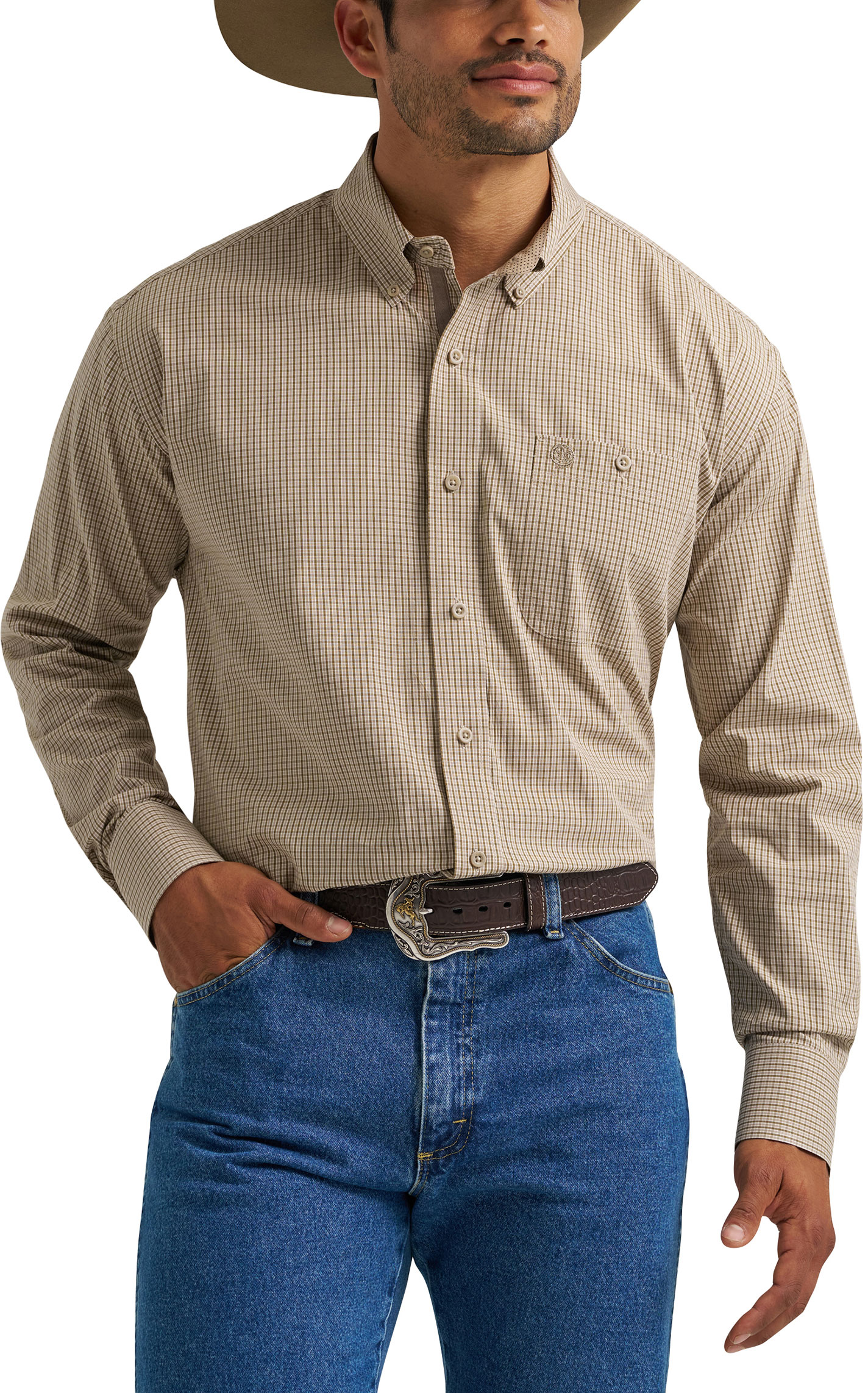 George Strait Men's Brown & Olive Plaid Print Western Shirt - Image 1