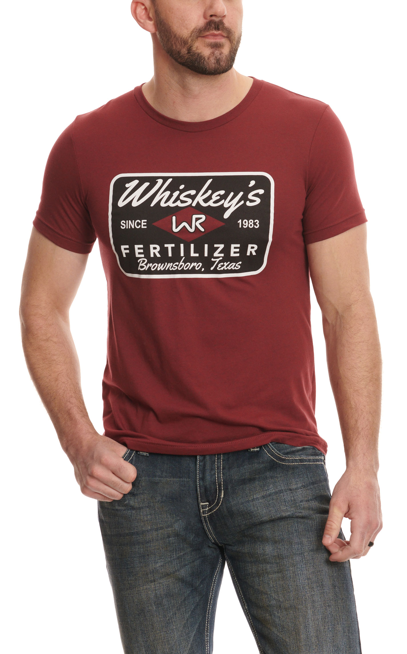 Whiskey Bent Hat Co. Men's Burgundy Whiskey's Fertilizer Logo Graphic T-Shirt - Image 1