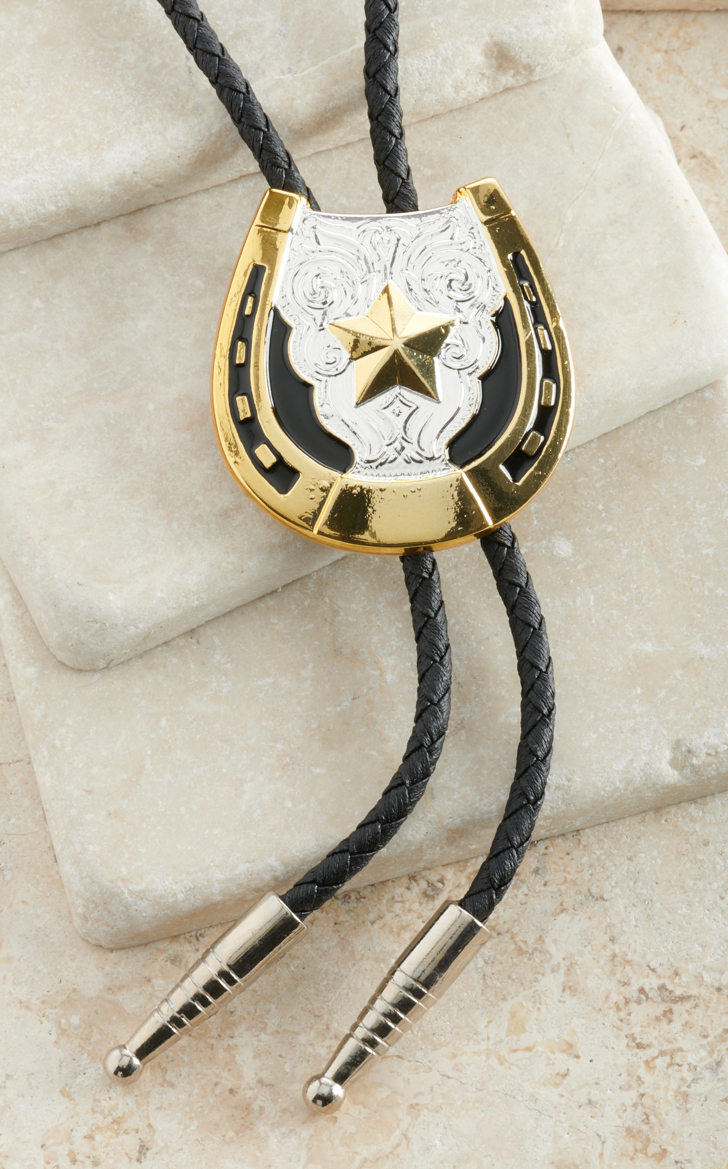M&F Western Silver and Gold Star & Horseshoe Bolo Tie - Image 1