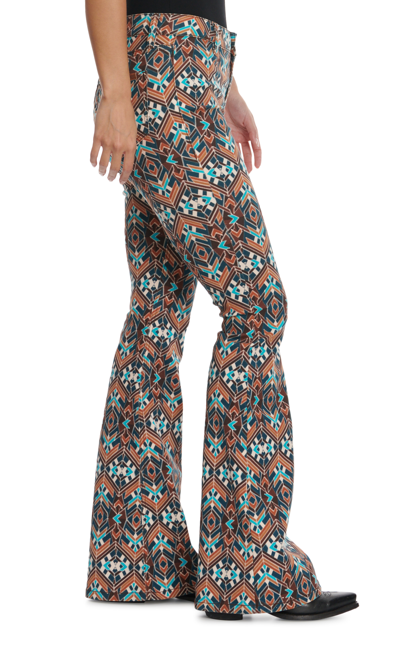 Rock & Roll Denim Women's Brown and Turquoise Geo Print High Rise Flare Leg Jeans - Cavender's Exclusive - Image 1