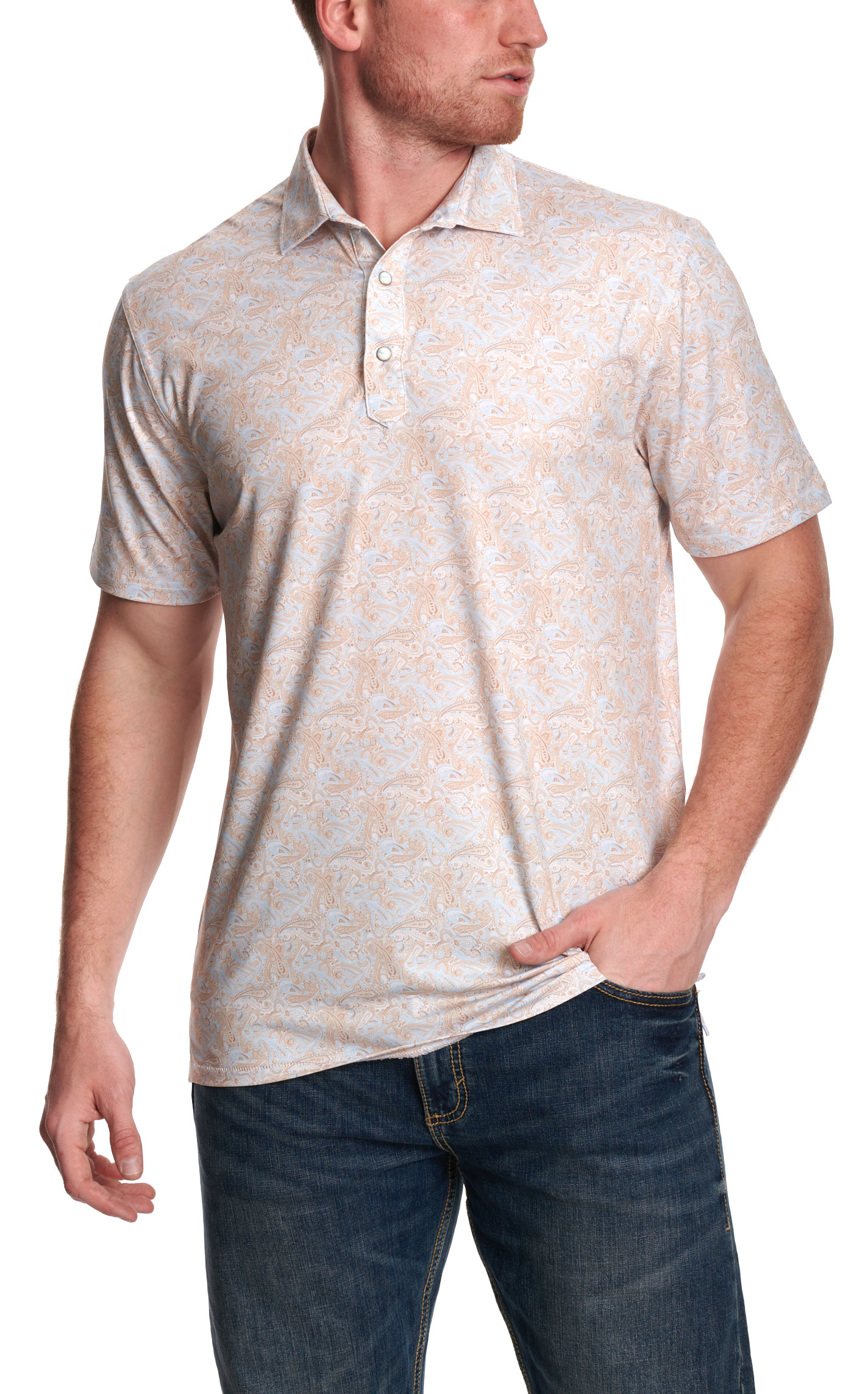Rafter C Men’s Light Khaki Paisley Print Short Sleeve Polo Shirt - Image 1