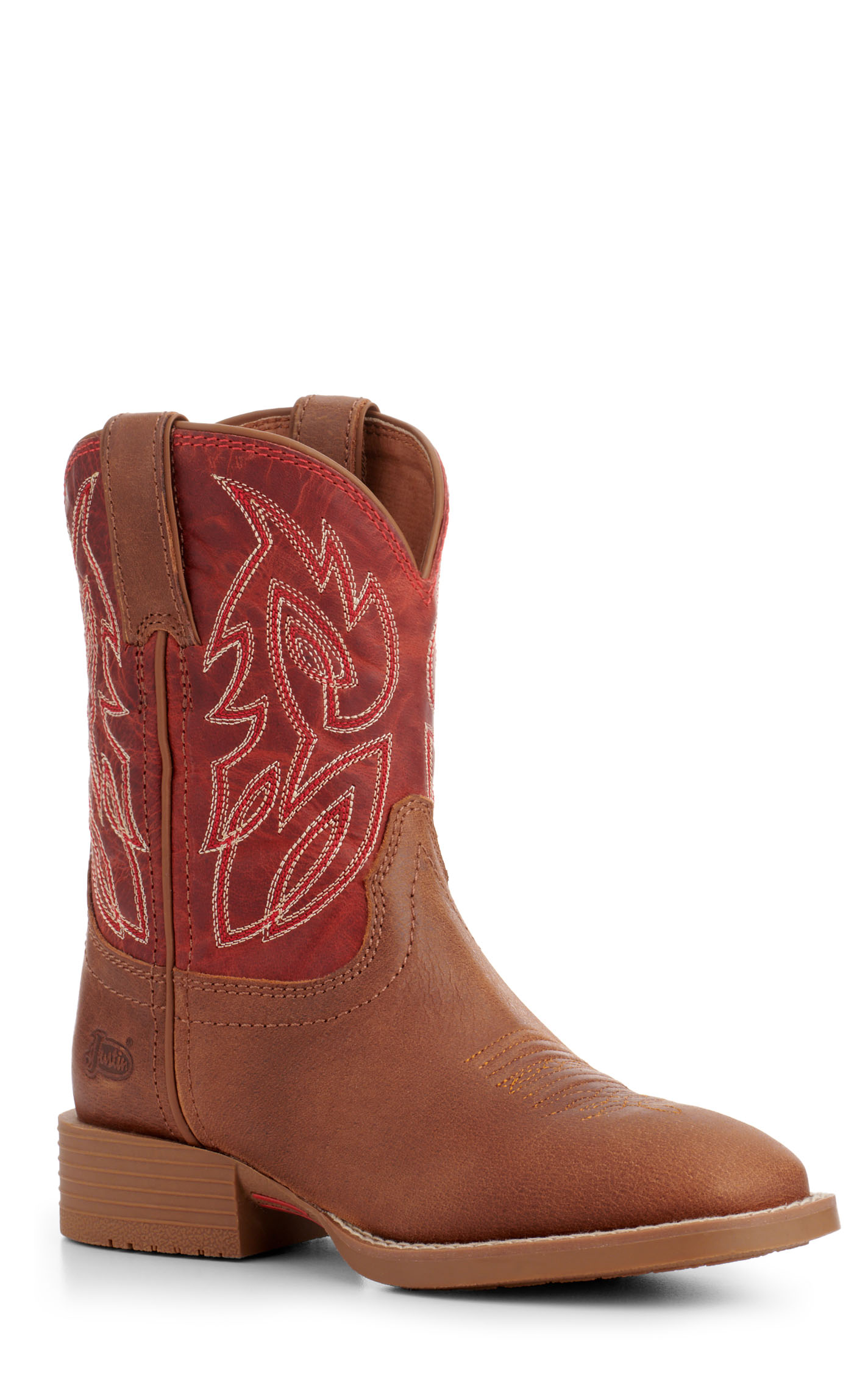 Justin Kids Canter Junior Cognac and Fire Red Wide Square Toe Cowboy Boots - Image 1