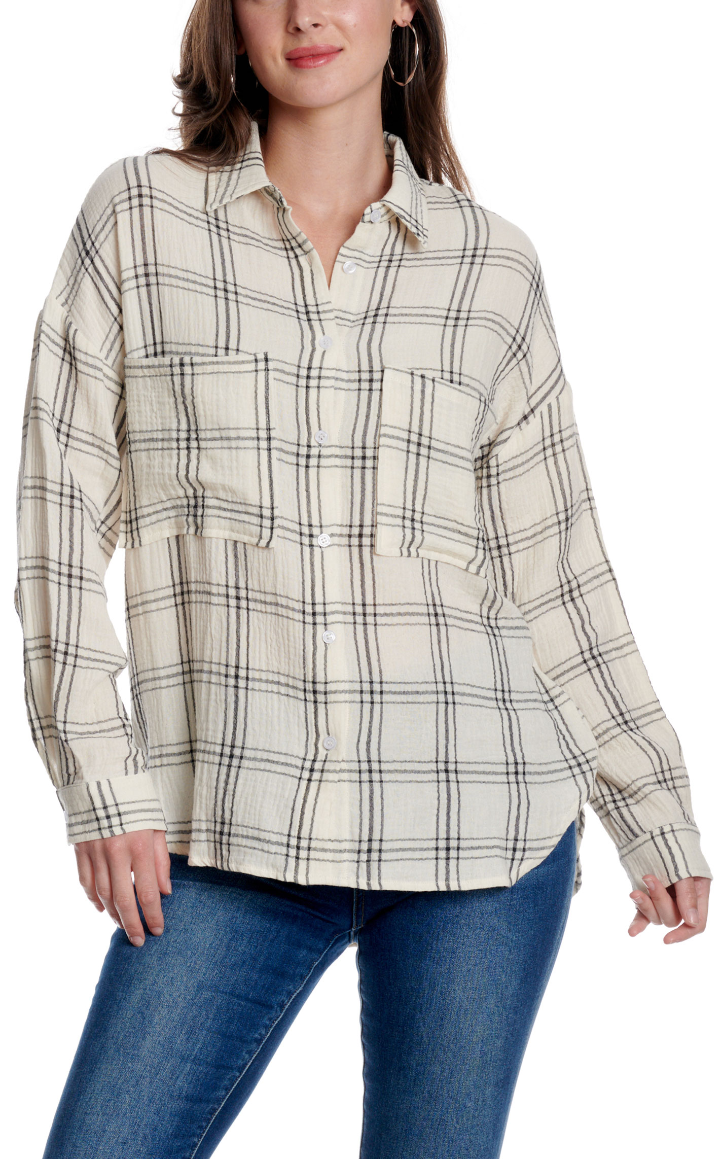 Yura Women's Cream & Black Plaid Print Oversized Shirt - Image 1