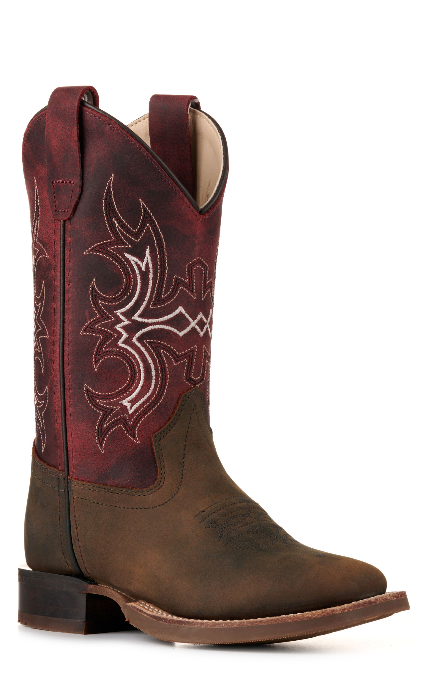 Old West Kids Brown and Burgundy Wide Square Toe Cowboy Boots - Image 1