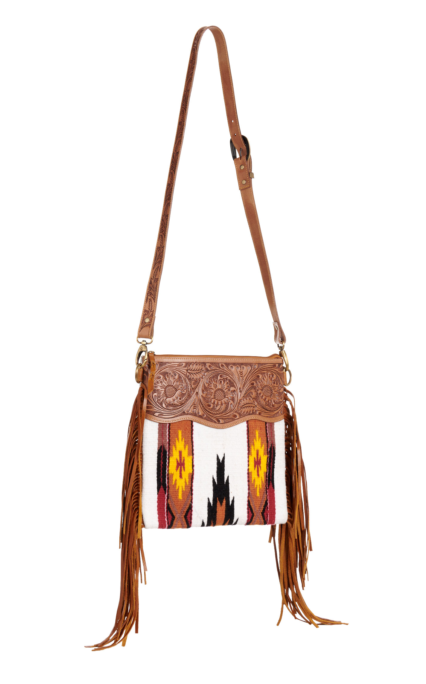 Myra Bag Fringed Brown Leather Saddle Blanket Crossbody Bag - Image 1