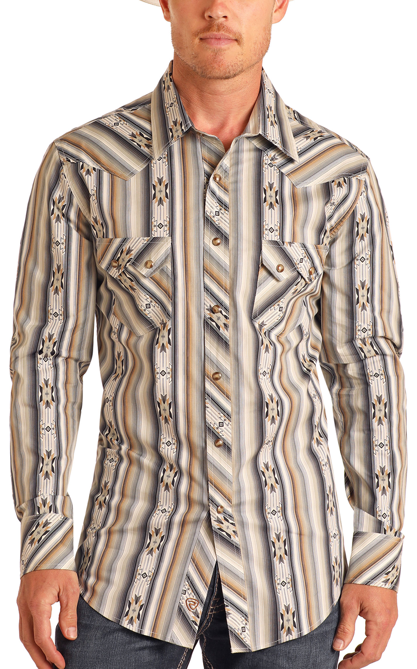 Rock & Roll Denim Men's Cream Stripe Aztec Western Shirt - Image 1