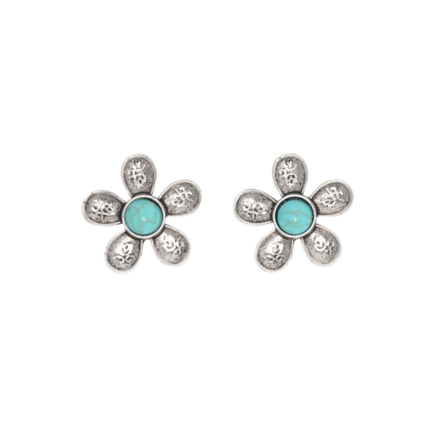 Rockin' C Silver & Turquoise Etched Flower Earrings - Image 1