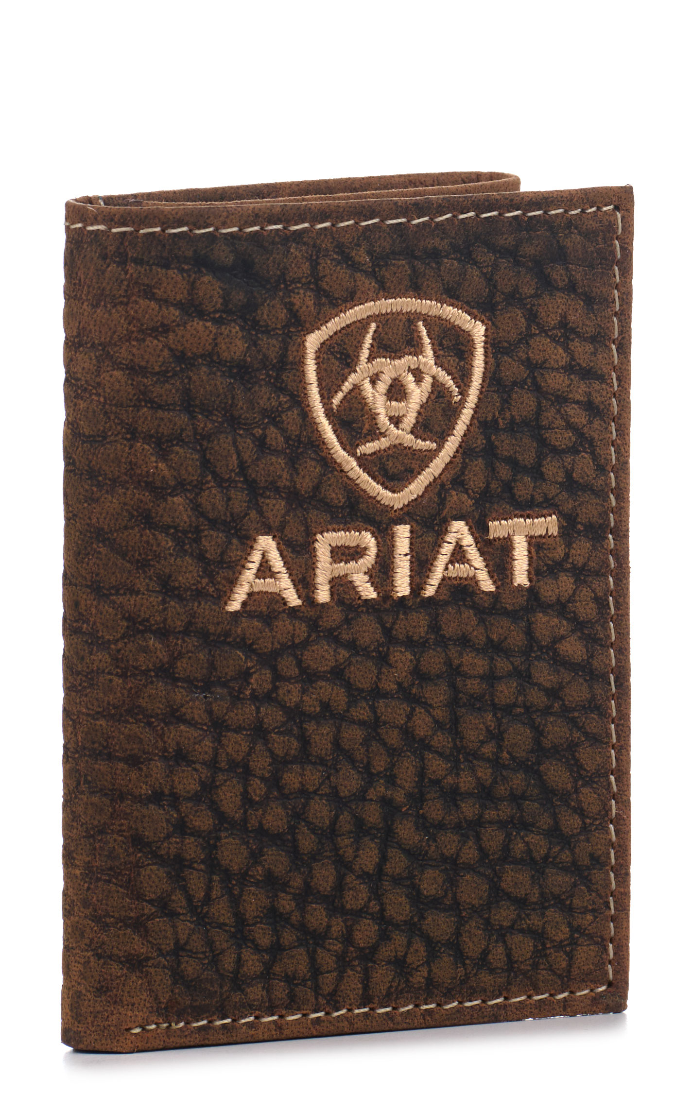 Ariat Men's Rich Latte Bullhide & Shield Logo Trifold Wallet - Image 1