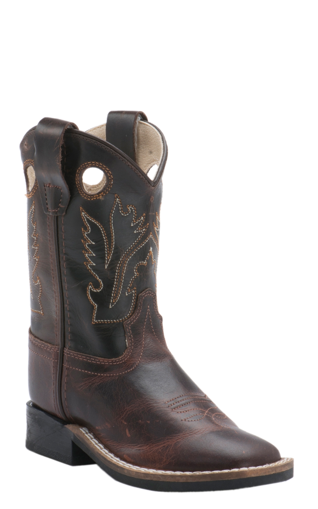 Old West Toddler Brown and Dark Brown Corona Calf Leather Square Toe Cowboy Boots - Image 1